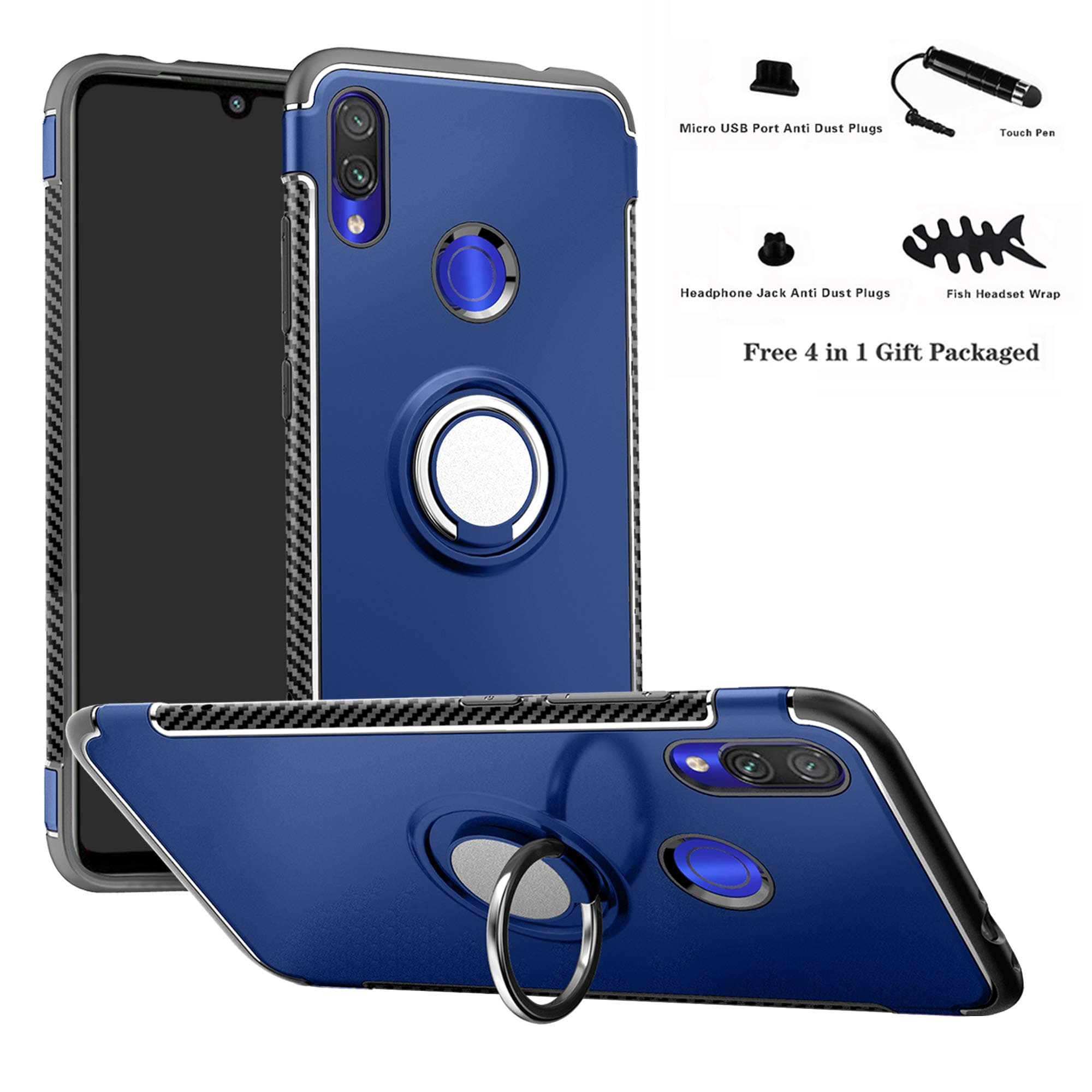 Labanema Case for Redmi Note 7, Hybrid Dual Layer [Anti-Scratch] [Shock Absorption] 360°Rotation Ring Holder Kickstand Armor Slim Protective Case for Xiaomi Redmi Note 7 /Redmi Note 7 Pro - Dark Blue