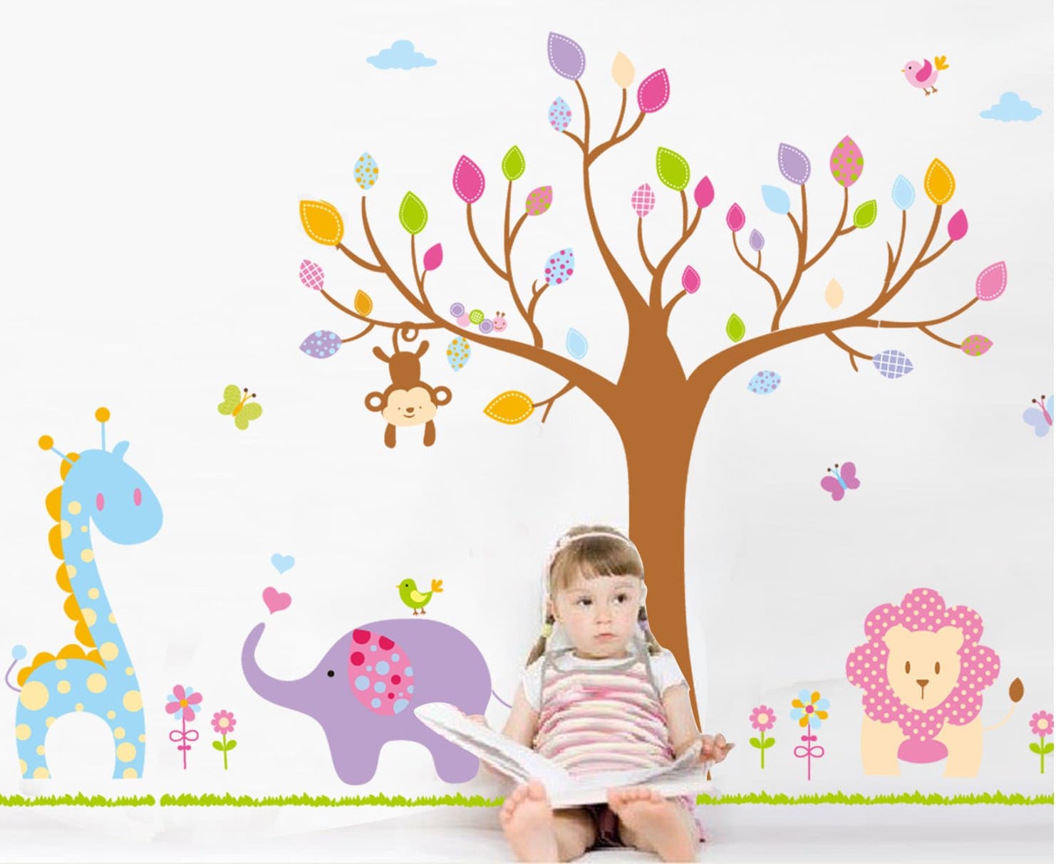 LiveGallery Cartoon Giant Huge Tree Animals Giraffes, Elephants, Lions Nursery Flowers Wall Stickers Murals Painting Supplies DIY Wall Art Decor Decals for Kids Babys Children Bedroom Living Room
