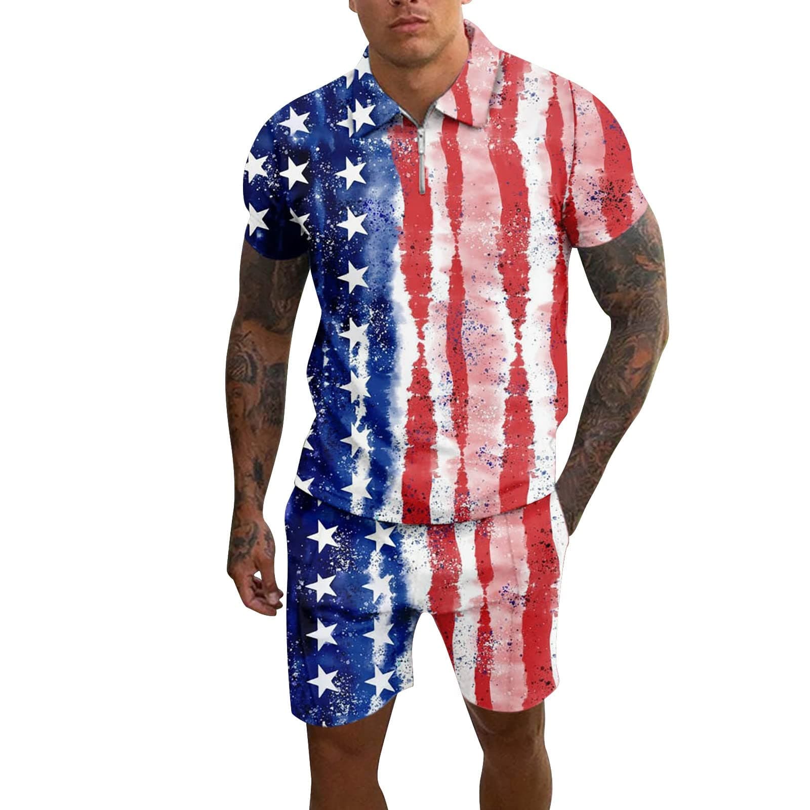 Mens Short Sets 2 Piece Outfits Tracksuits 4Th of July Outfits American Flag Short Sleeve T Shirts and Shorts Set Men Fitted Slim Suits