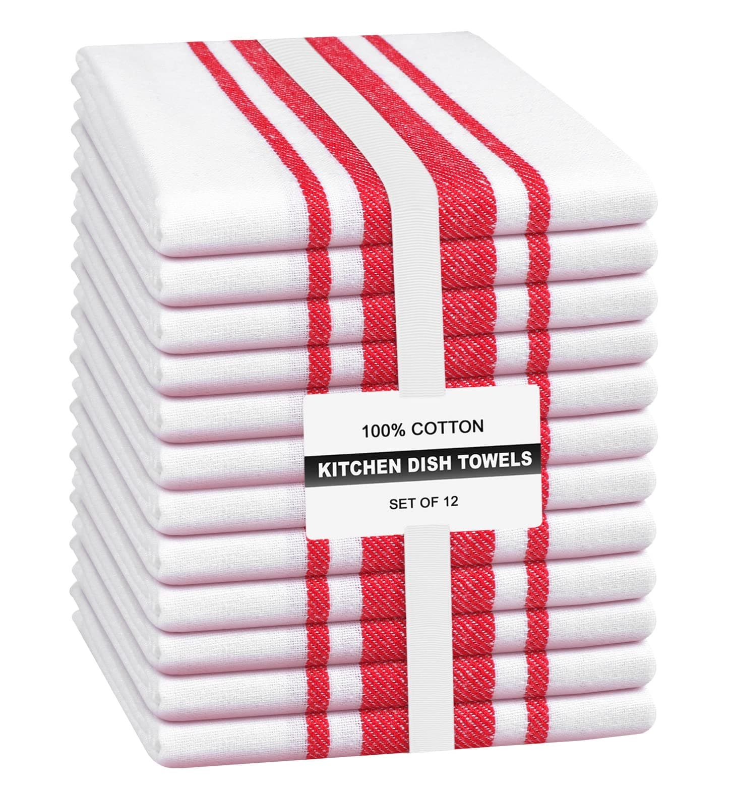 Linen Hub Set of 12 Kitchen Dish Towels Cotton 15x25 Absorbent Durable Washable, Tea Towels, Dish Cloths, Bar Towels, Cleaning Towels, Kitchen Towels with Hanging Loop, Red White