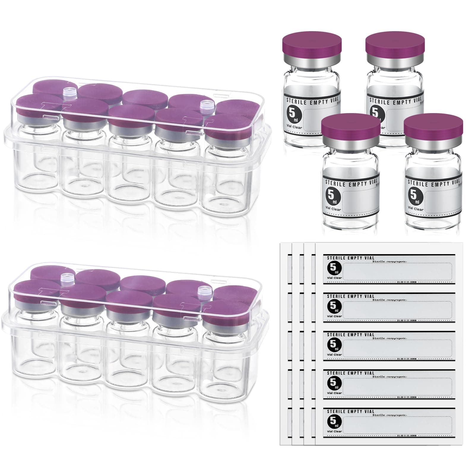 20 Pcs 5ml Sealed Sterile Empty Vials with Self Healing Injection Port Glass Penicillin Bottle with 20 Label Stickers(Purple)