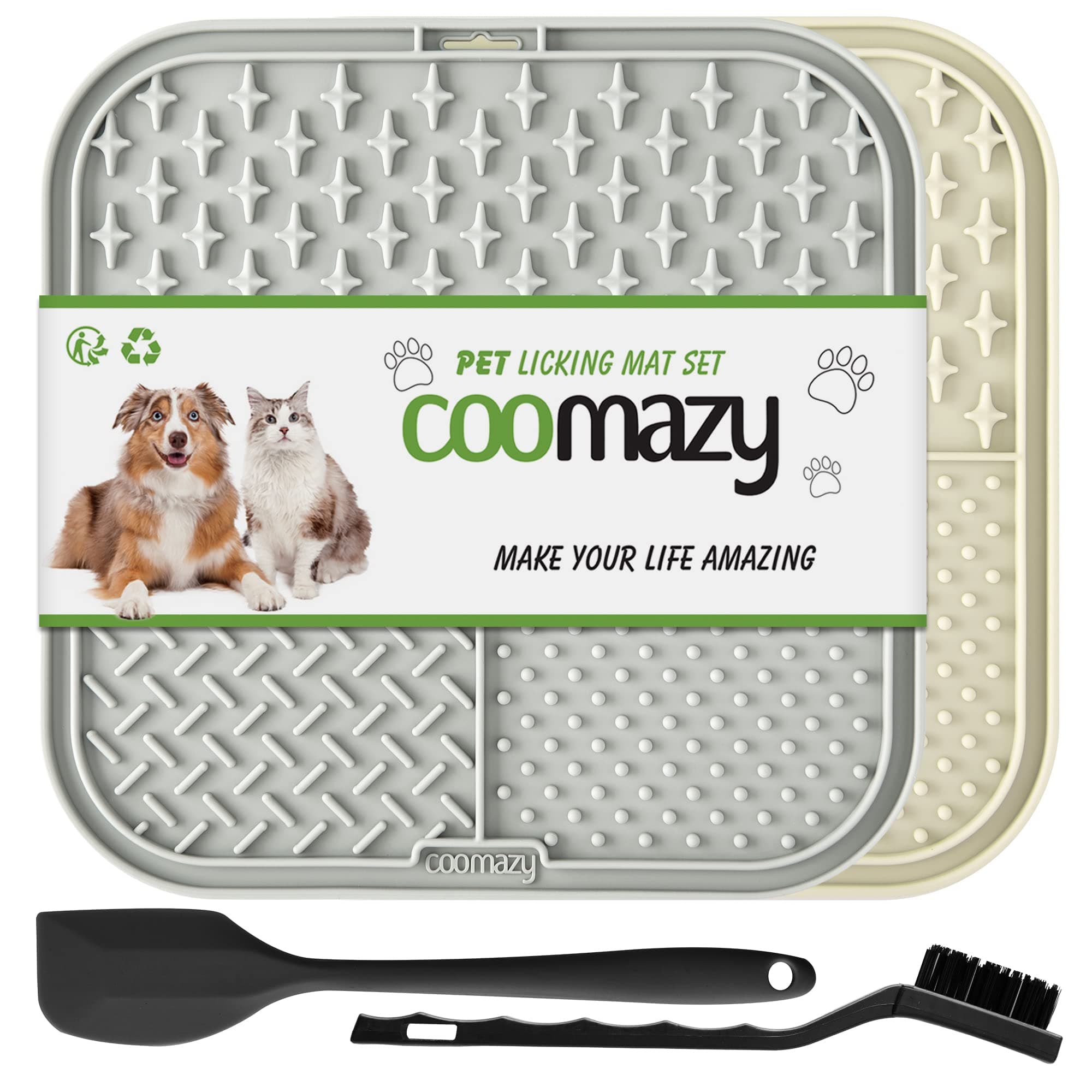 Coomazy Lick Mat for Dog and Cat, Slow Feeder & Non-Slip Design, Boredom and Anxiety Reducer, Suitable for Food, Treats, Yogurt, Peanut Butter and Liver Paste, BPA-Free, Non-Toxic, Grey+ Beige