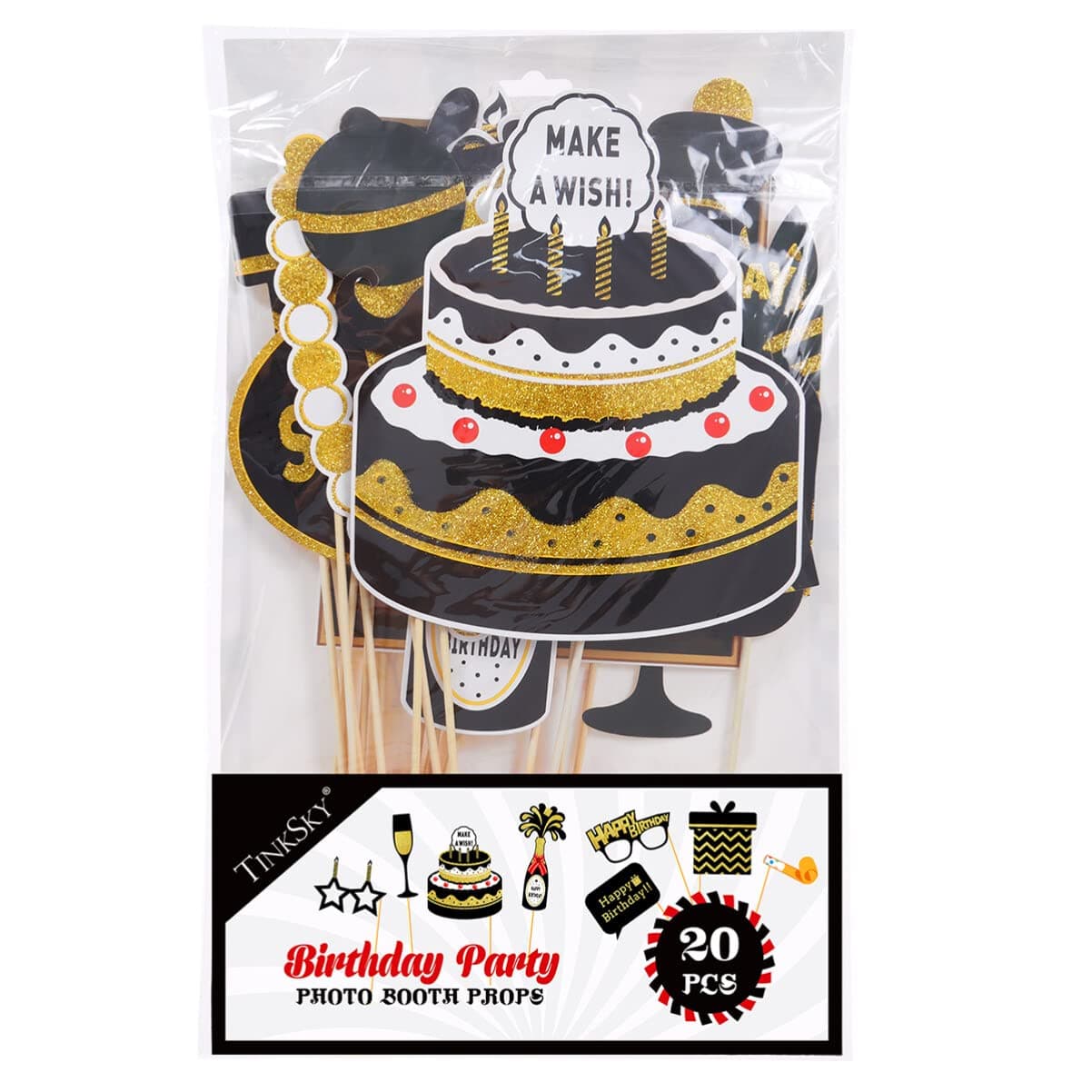 LUOEM Birthday Photo Booth Props Happy Birthday Props Glitter Birthday Party Photo Booth Props with Wooden Sticks Birthday Party Supplies, Pack of 20