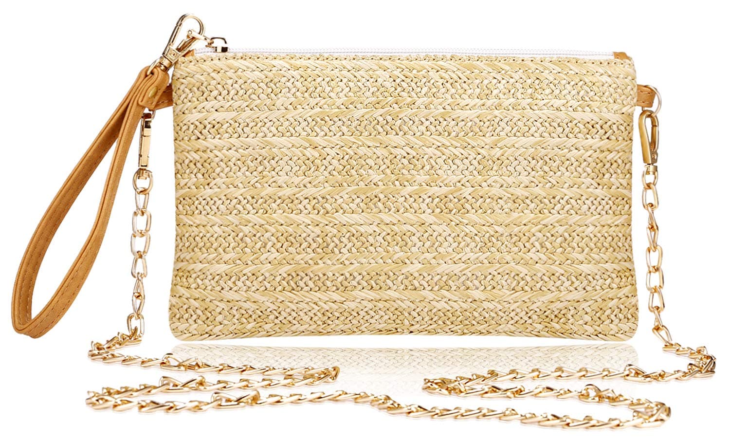 Womens Straw Clutch Bag Bohemian Summer Beach Straw Purse Zipper Wristlet Wallets for Women