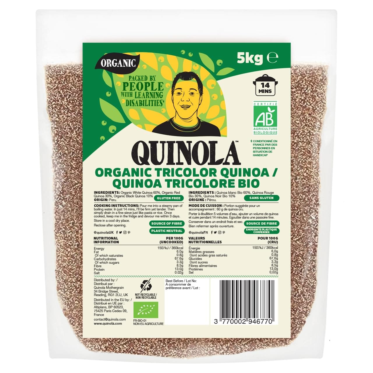 Quinola Organic Quinoa Tricolour, Healthy Rice Alternative Grain, High In Protein, Source Of Fibre, Vegan & Gluten Free Superfood (5kg Bag)
