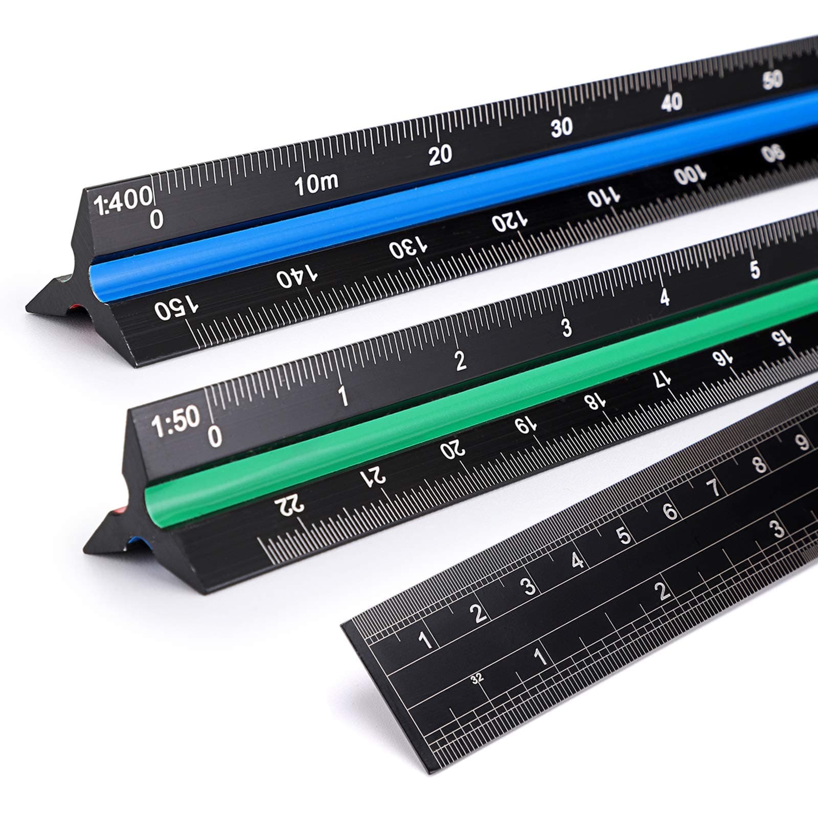 3 Pack 30CM Solid Aluminum Triangular Architect Scale Ruler Set, 3-Colors-Groove Architectural and Engineer Scale Metal Ruler Set, Clear Scale Metal Drafting Rulers for Civil Engineer Blueprint