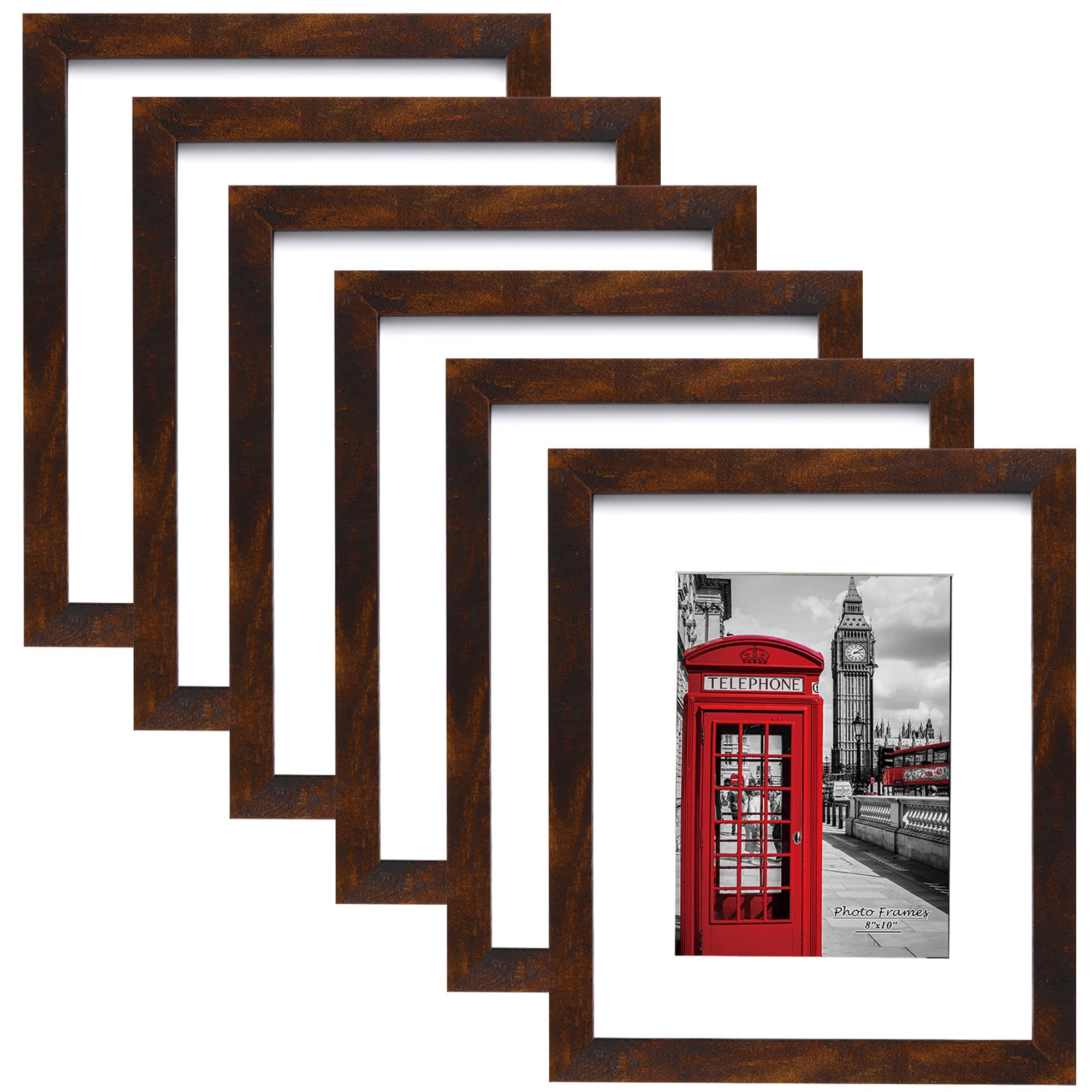 PEALSN 8x10 Picture Frame Set of 6, Display Pictures 5x7 with Mat or 8x10 without Mat for Wall Mounting or Table Top Display, Photo Frames Collage for Wall Decor, Rustic Brown