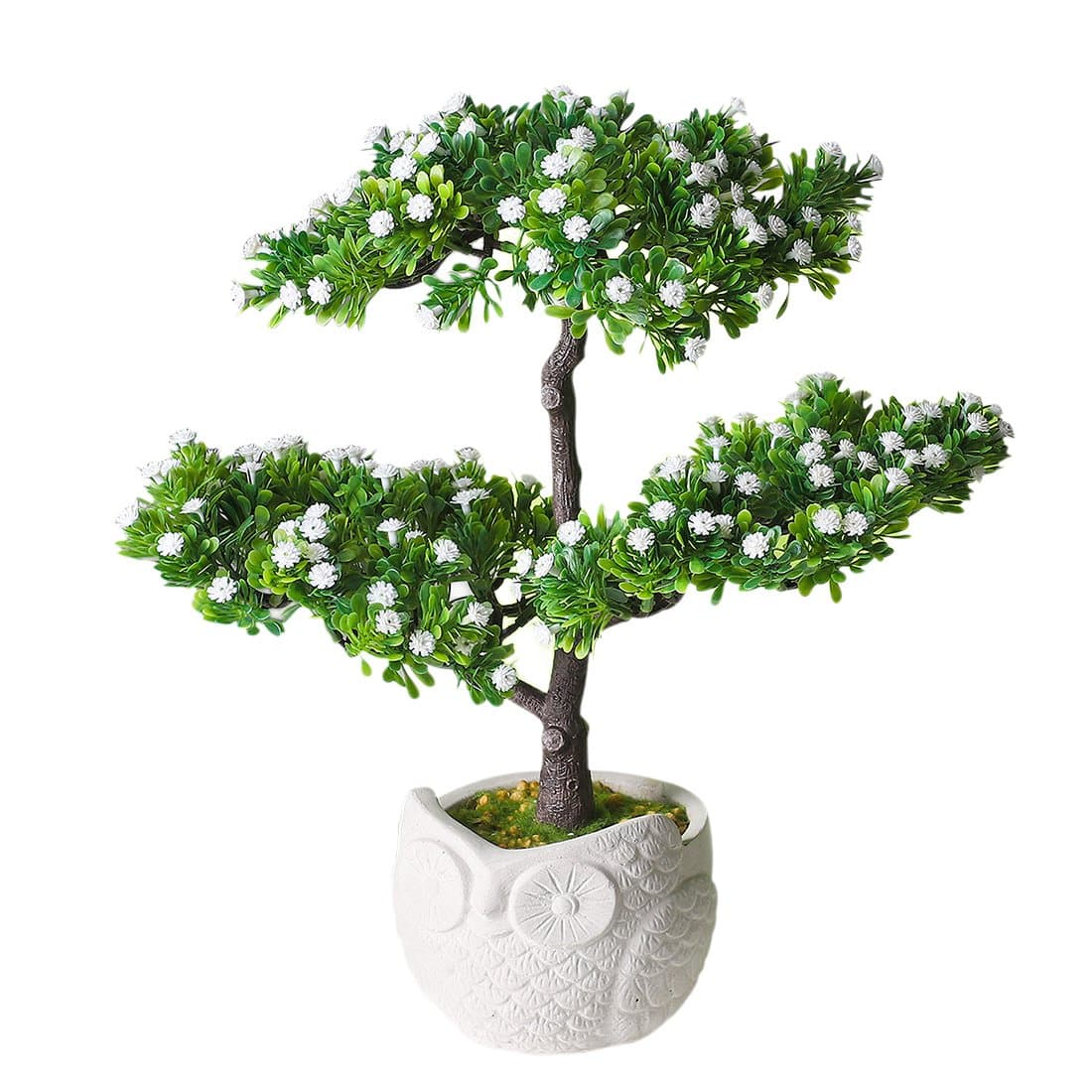 Home decor-Decorative Artificial Flowers/Faux Flowers Planted in Owl Shaped Cement Basin,Covered with Artificial Grass-for Home/Office Decor(White)