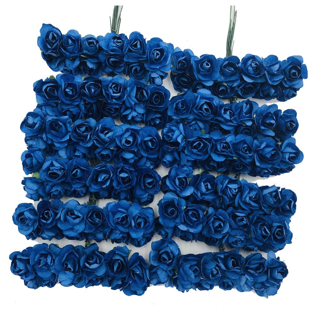 Mini Fake Rose Flower Heads 144pcs Mini Artificial Mulberry Paper Roses Flower with Wire Stem DIY Wedding Flowers Accessories Make Bridal Hair Clips Headbands Dress (Navy Blue)