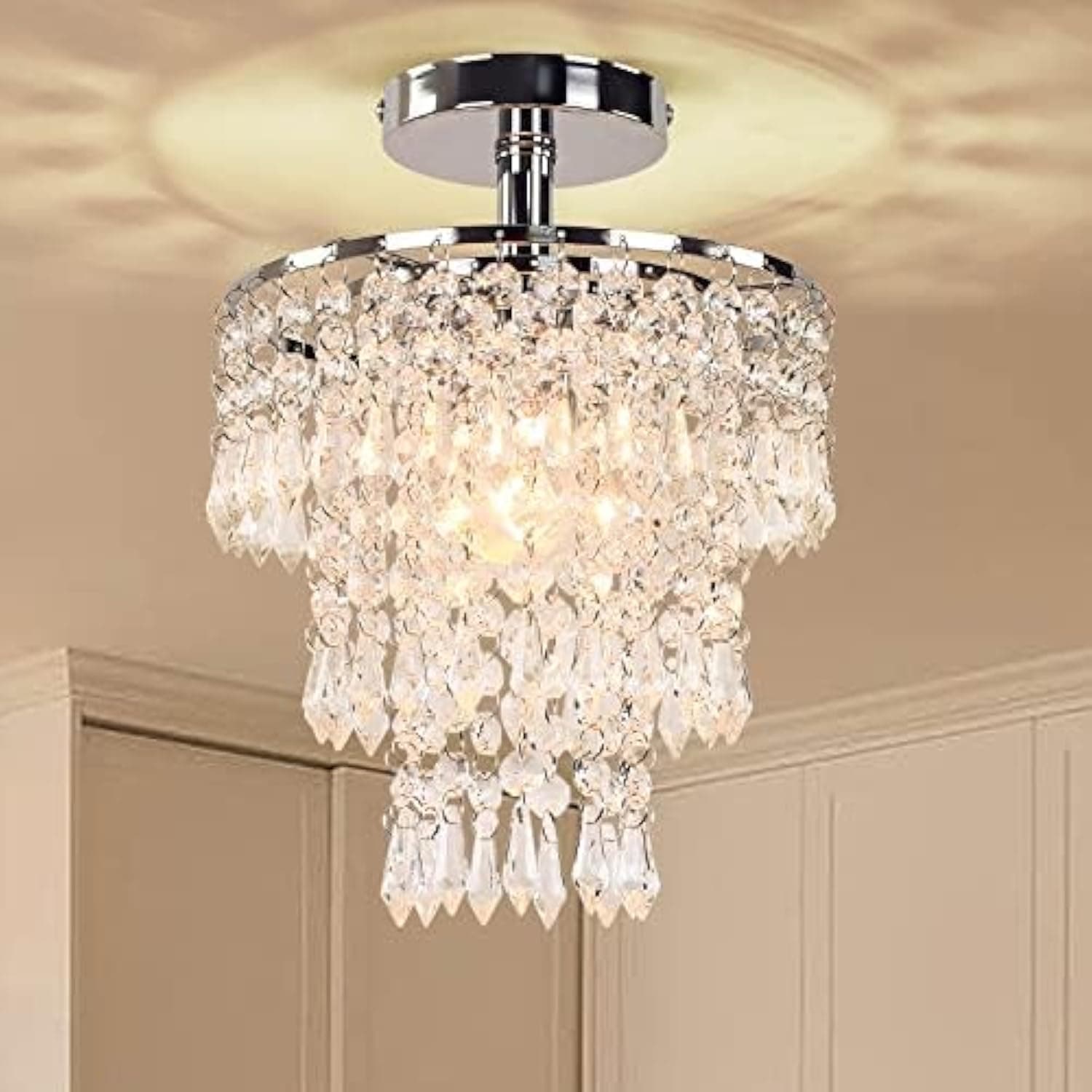 FRIXCHUR Small Crystal Chandelier Led Crystal Ceiling Lights 3 Tiers Crystal Raindrops Chandelier Pendant Lighting Fixture Decoration for Bedroom Hallway Living Room,Chrome,E26