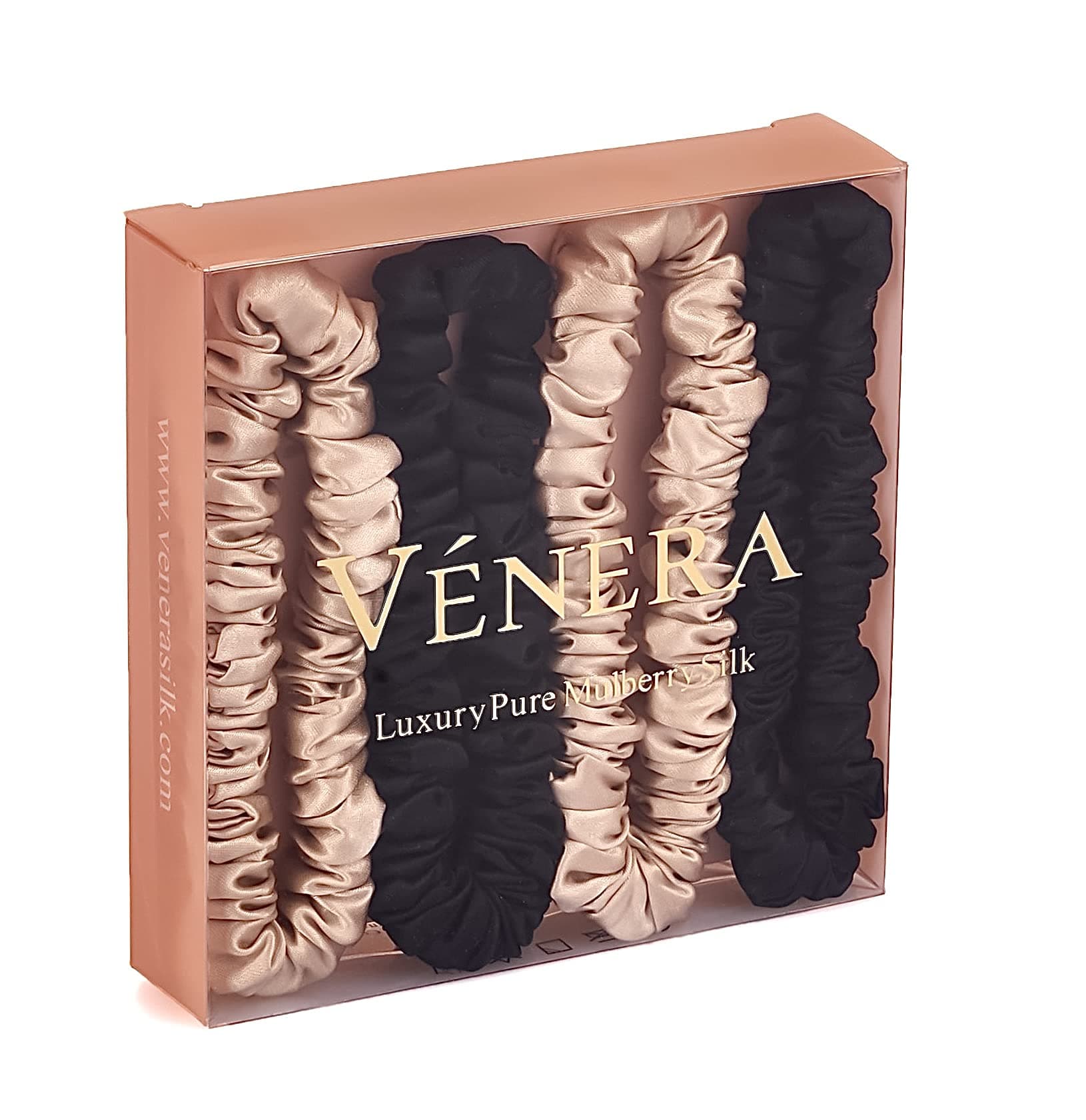 VÉNERA Silk 100% Pure Mulberry 22 Momme Skinny Mini Scrunchies 4 Pieces Silk Hair Ties Gentle on Hair - Oeko-Tex Certified - Luxury Silk Scrunchies for Women & Men (Caramel-Black)