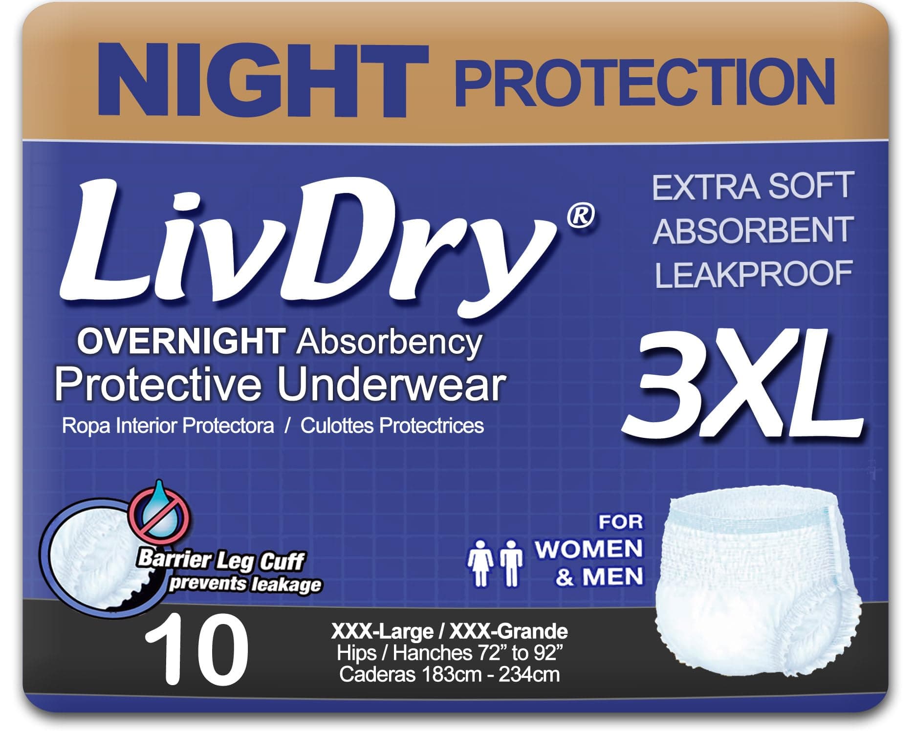 LivDry 3XL Overnight Adult Diapers for Women and Men, XXXL Incontinence Underwear, 72”-92" Waist, Disposable Pull-On Briefs, XXX-Large, 10 Count