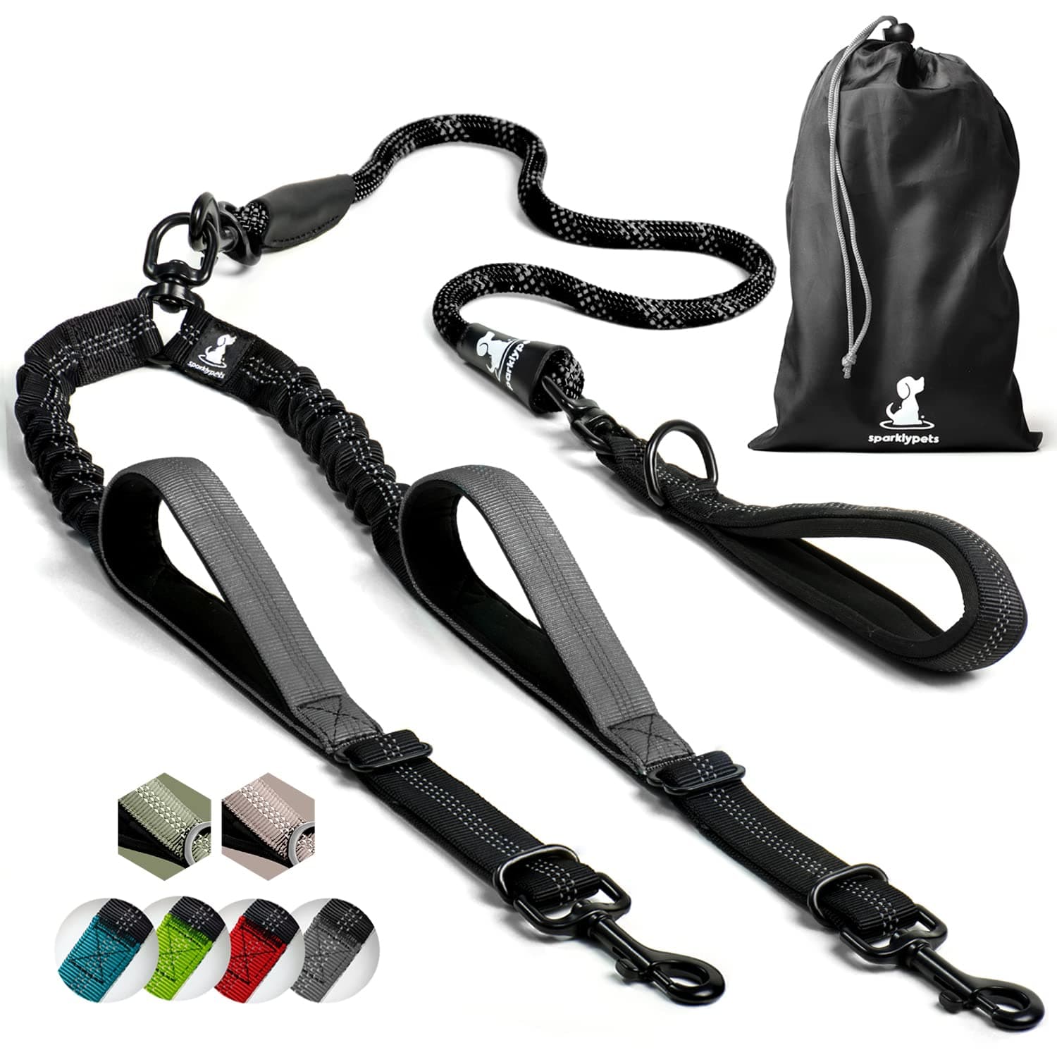 SparklyPets Double Dog Leash for 2 Dogs – Rope Bungee Dual Leash for Medium and Large Breeds with Padded Handles & Tangle Free (Black, Medium/Large)