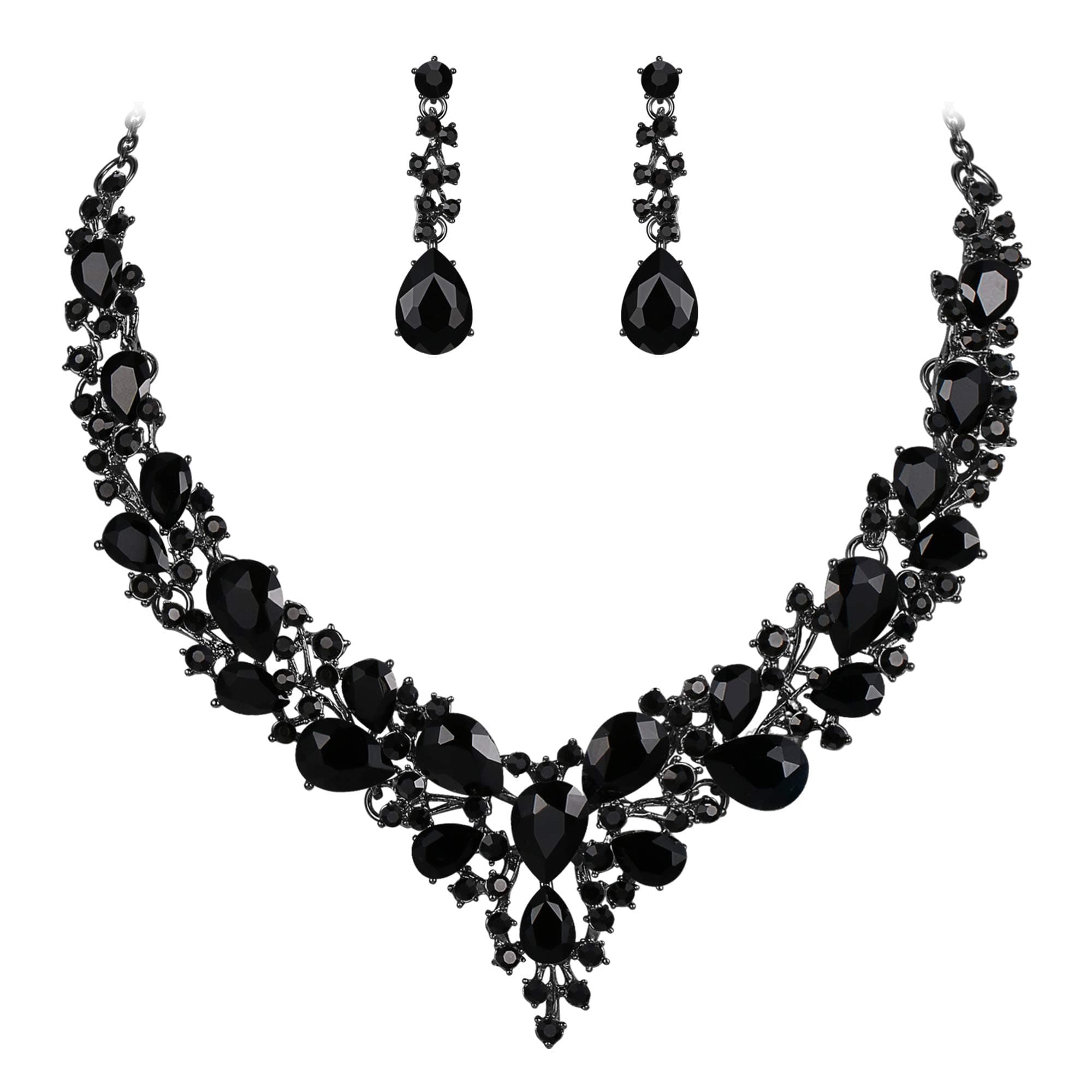 Women's Wedding Bridal Austrian Crystal Teardrop Cluster Statement Necklace Dangle Earrings Jewelry Set