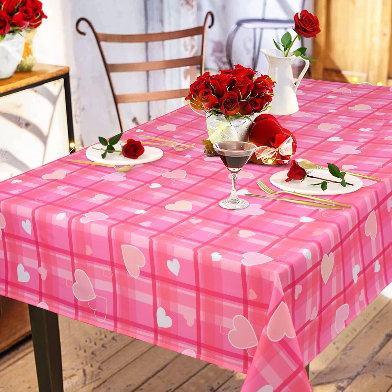 Valentines Day Tablecloth, Valentines Day Love Heart Table Cloth, Rectangle 55x55 inch Waterproof Tablecloth for Valentines Day Decoration, Pink Tablecloth Holiday Table Cover for Party Decor