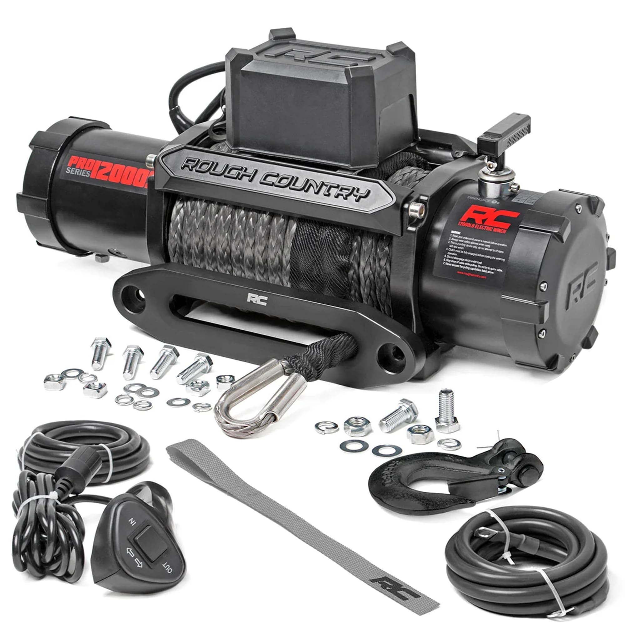 Rough Country 12lb PRO Series Electric Winch | Synthetic Rope - PRO12000S Black