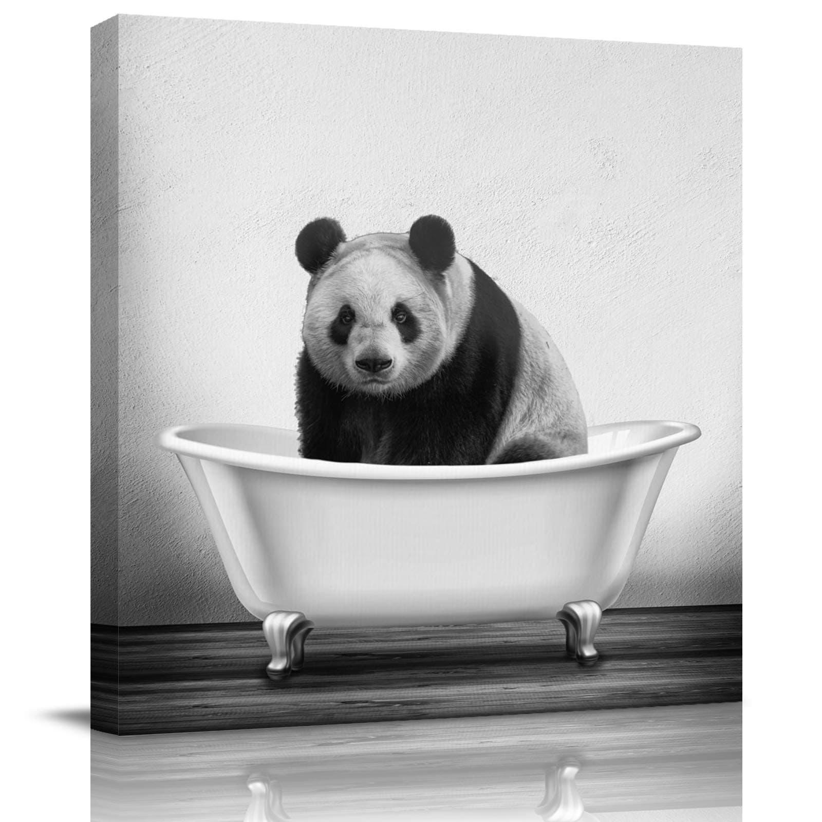 Canvas Wall Art Print Bathroom Wall Art Decor- Cute Panda in Retro Bathtub Minimalist Black White Illustration Artwork Canvas Prints Stretched & Framed Ready to Hang Home Decor Wall Decor (12''x12'')