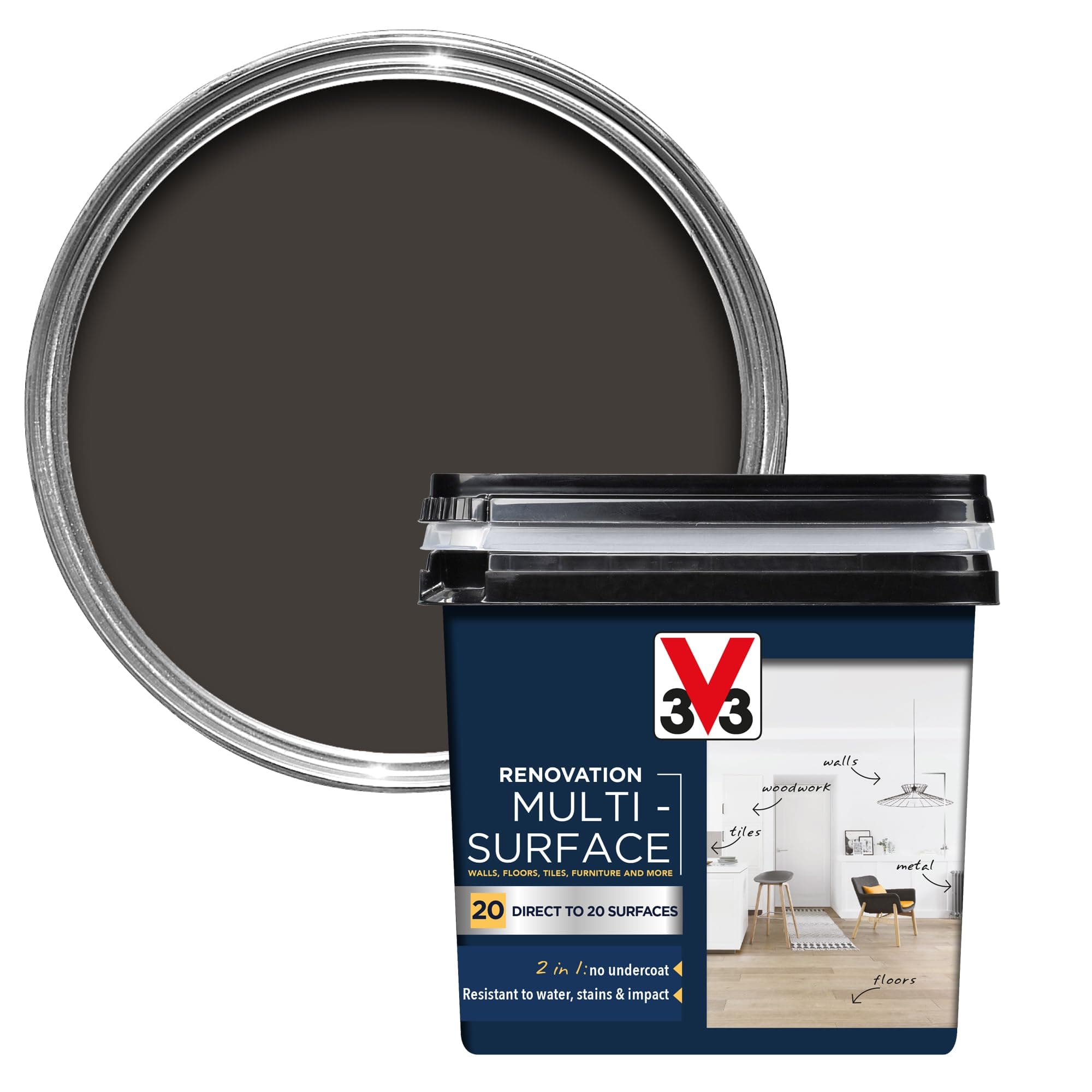V33 Renovation Multi-Surface Paint - No Undercoat Needed - Over 20 Surfaces - Resistance To Water Stains & Impact - High Coverage - Graphite Black 750ml