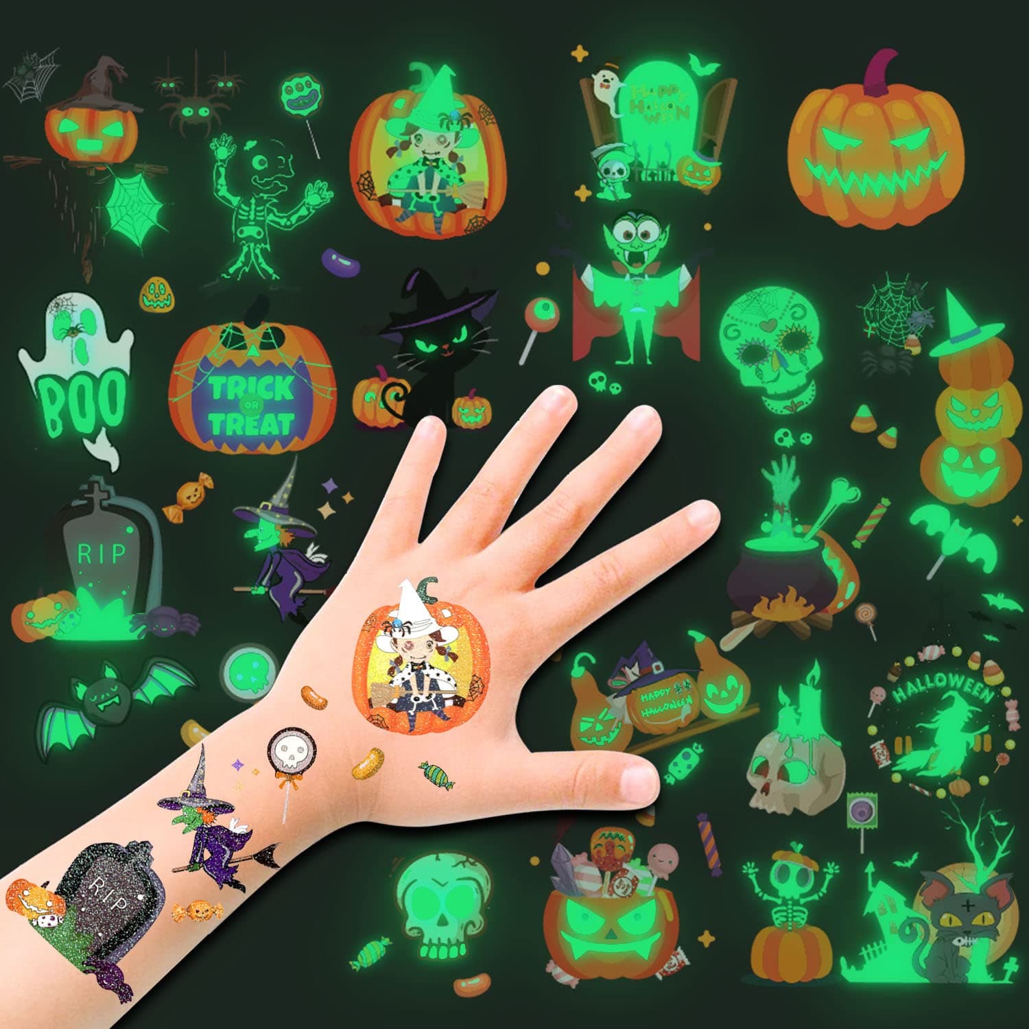HOWAF Halloween Tattoos for Kids, Halloween Temporary Tattoo Glow in the Dark Tattoo Stickers Trick or Treat Party Bag Fillers/Halloween Decorations, Skull, Ghosts, Pumpkins, Vampire, Bats, More