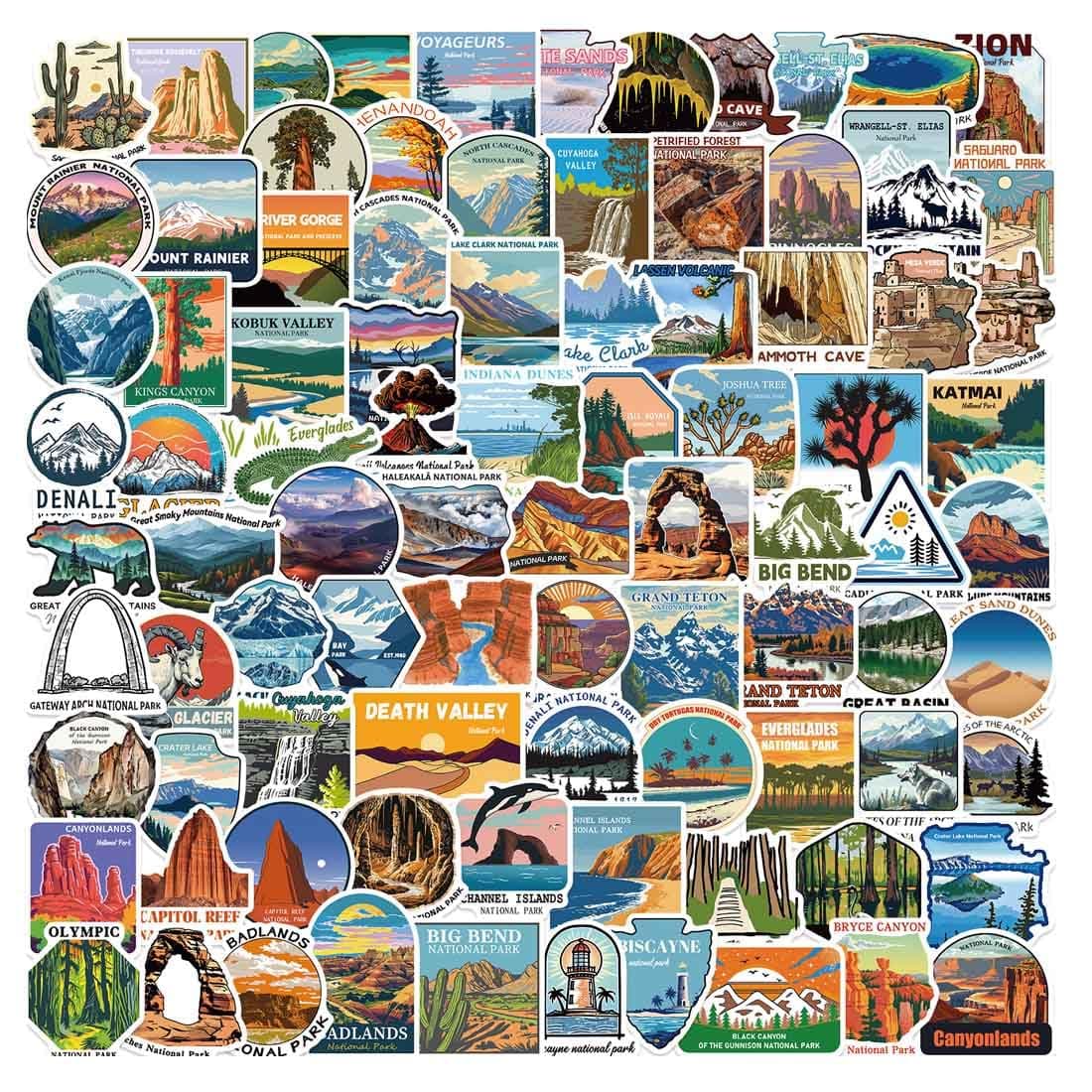 National Park Stickers Set 100pcs Outdoor Nature Hiking Camping Adventure Wildness Stickers Decals, Waterproof Vinyl Travel Sticker for Water Bottle Laptop Car Bumper Luggage Phone Case Bike