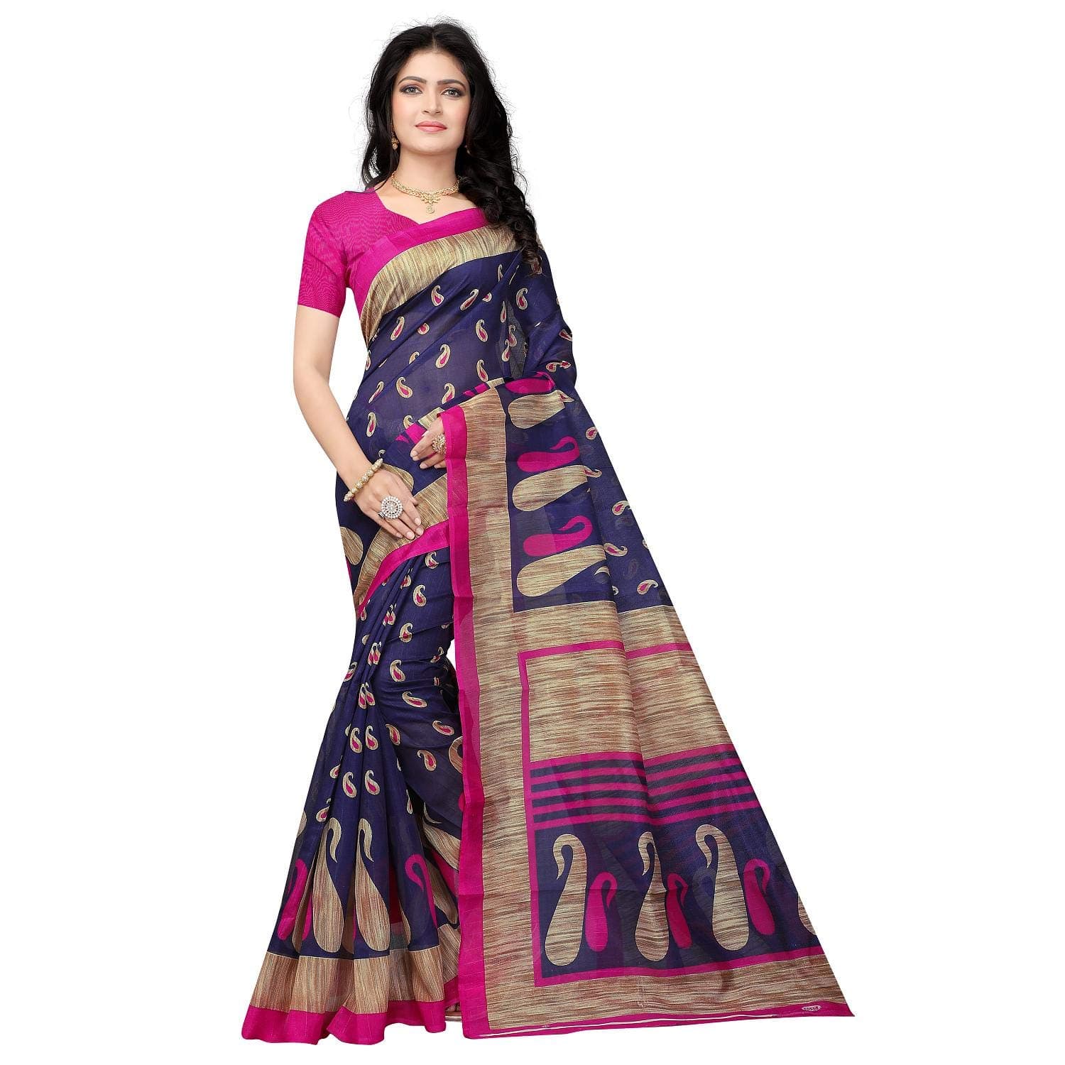 RUNAYA NX Women's New Look Bhagalpuri Purple Printed Saree With Unstitched Blouse