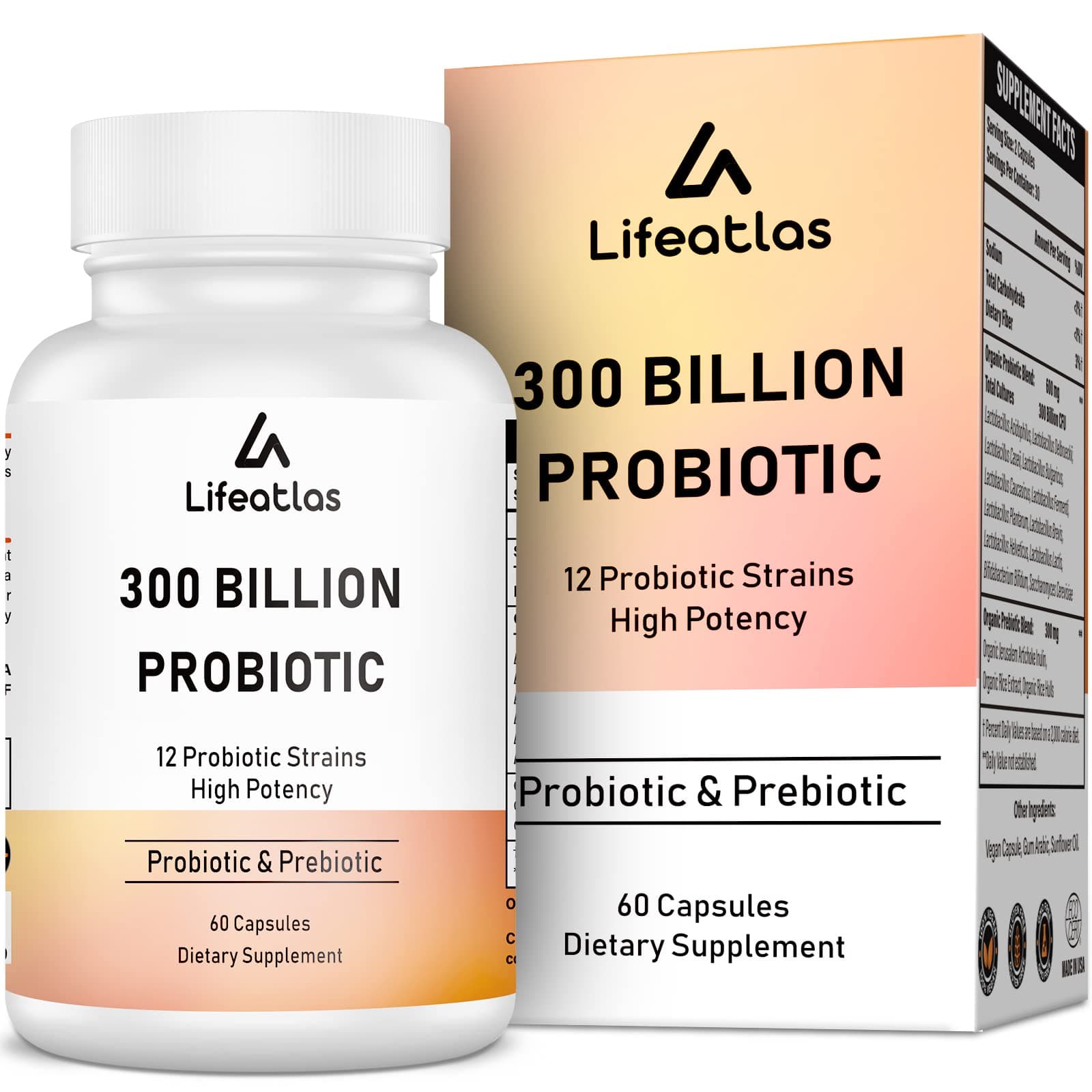Lifeatlas 300 Billion CFU Probiotics - Probiotics for Women and Men, 12 Probiotic Strains Plus Prebiotic, for Immune & Digestive, Gut Health, Gas Bloating, Shelf Stable - 60 Capsules, Pack of 1