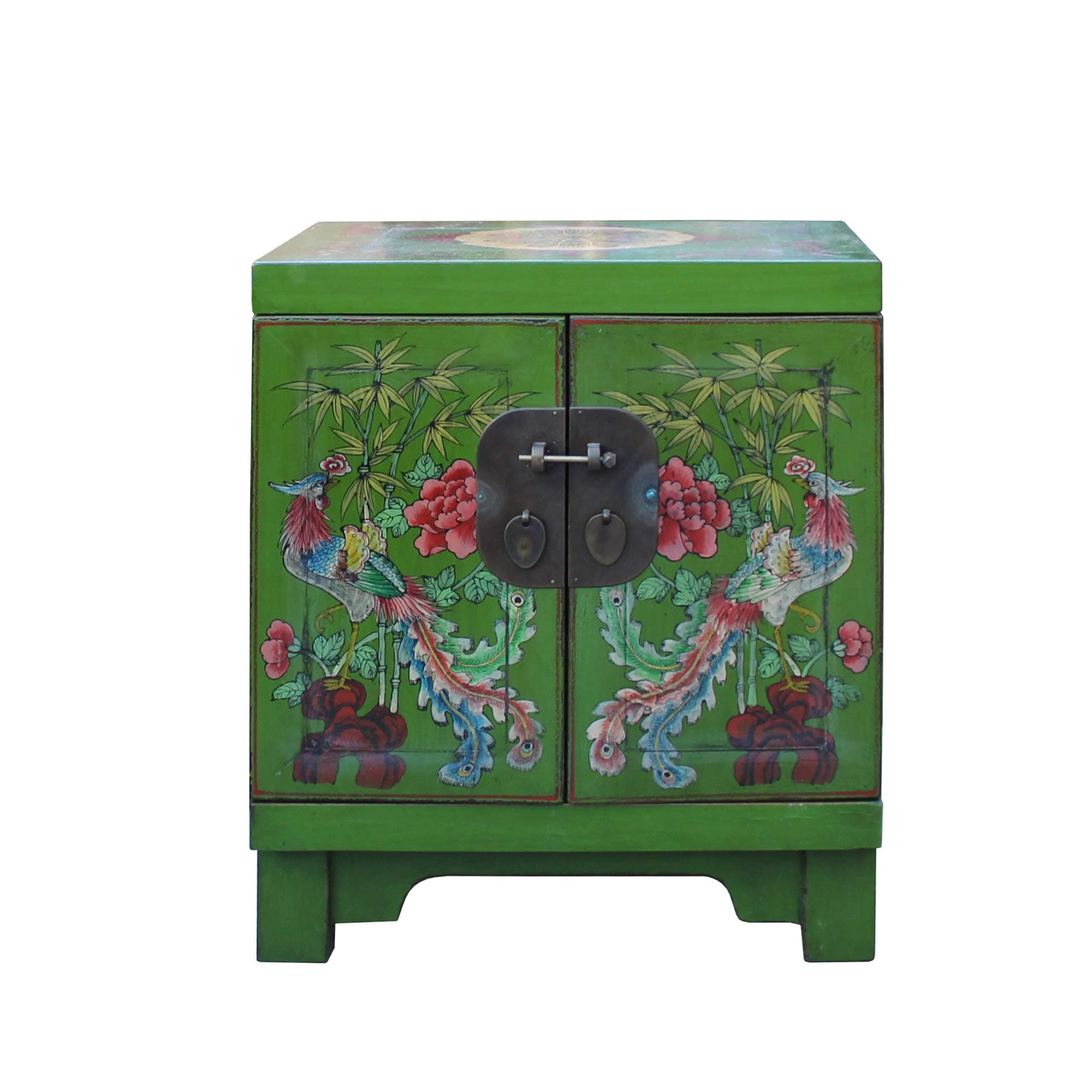 A Small Cabinet Chinese Oriental Distressed Green Flower Birds End Table Nightstand Acs4544