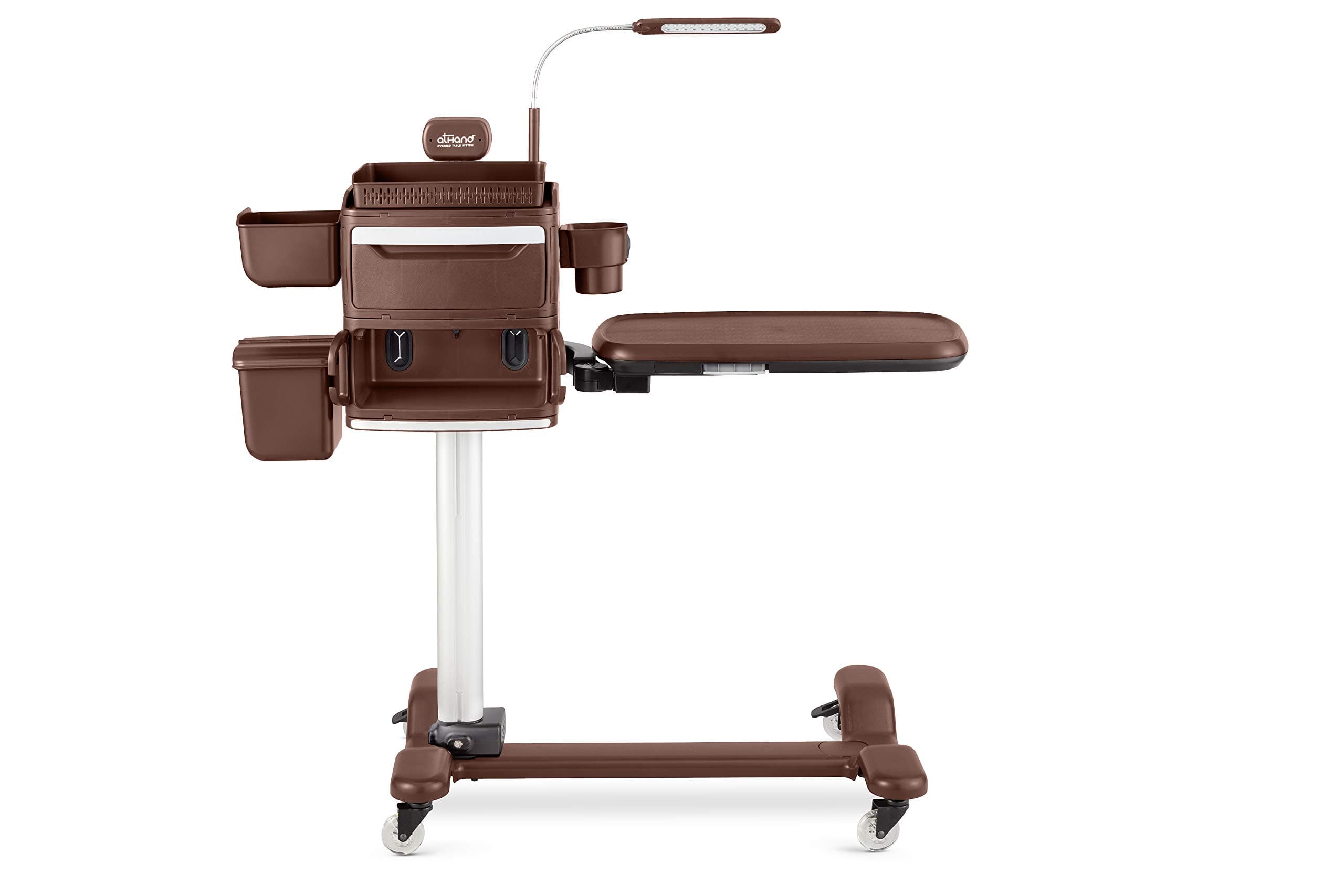 Overbed Table System Bundle - The ONLY Tray Table with Storage Drawers, Charging Ports, Extra Power Outlets & Reading Lights. Table for Bed Or Chair Side. Incl Accessory Kit (Brown, Left Side)