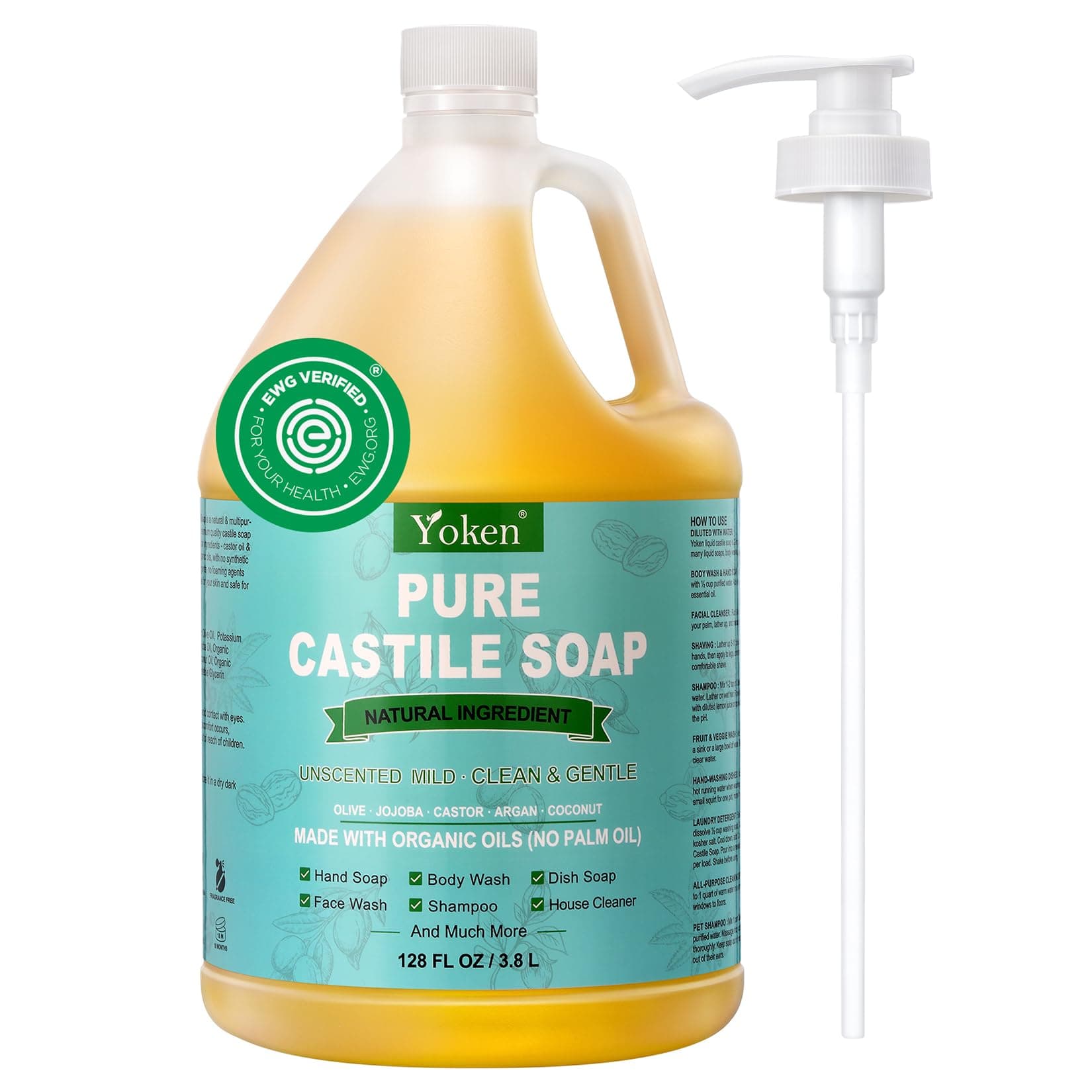 Castile Soap Liquid EWG Verified(1 Gallon, Unscented) Pure-Castile Liquid Soap for Body, Face, Hand, Pets, Laundry, Dish Soap and More - Made With Organic Oil, Vegan, Clean & Gentle, Versatile