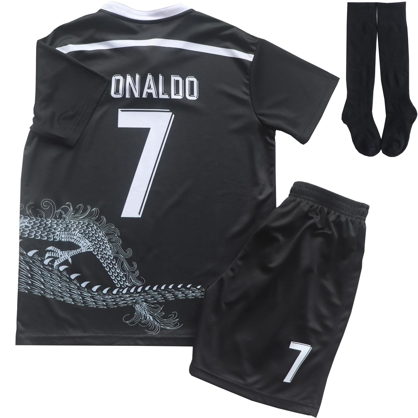 No #7 Black Old Dragon Special Edition Kids Soccer Jersey Kit Shorts Socks Set Youth Sizes