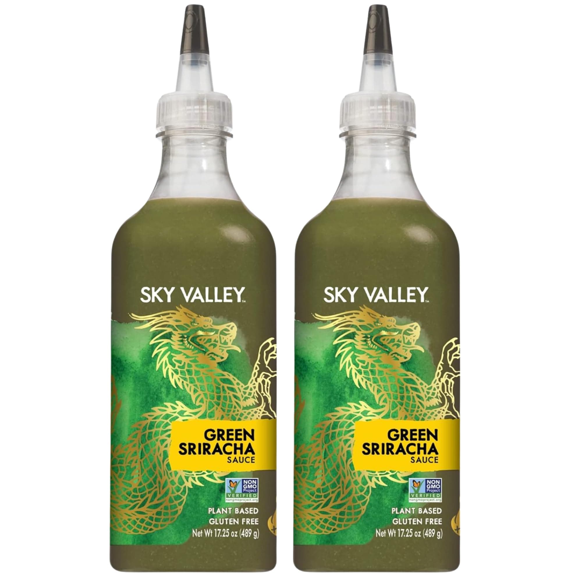 Sky Valley Green Sriracha Sauce - Spicy Green Sriracha Hot Sauce, Lime, Jalapeno Pepper, Cilantro, Plant Based, Vegan - 17.25 Oz Each, (Pack of 2)