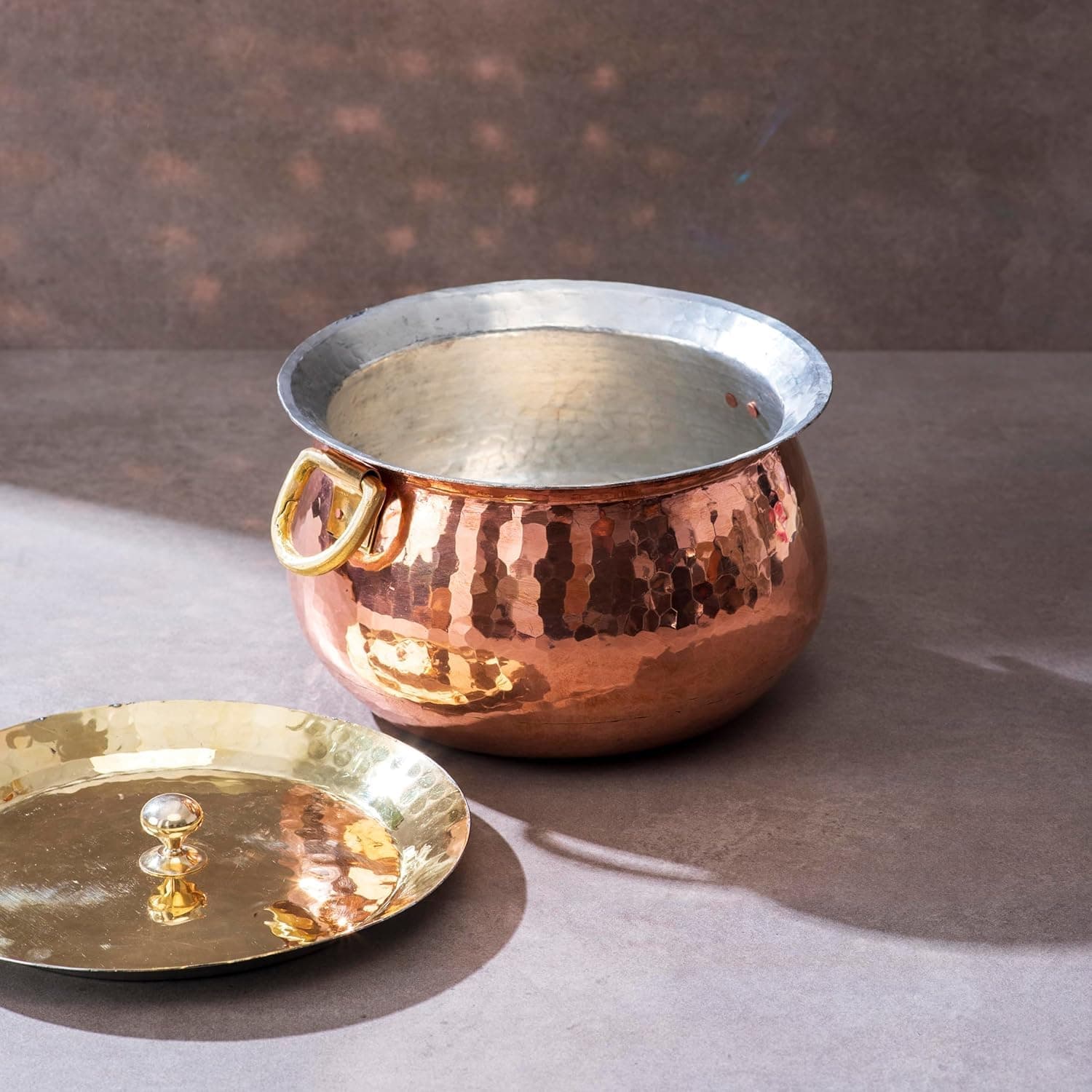 - P-TAL Copper Madurai Handi Tin Coated with Lid 100% Pure Copper Degchi Teflon/Chemical Free Cooking 4kgs Non Stick Biryani Handi for Kitchen, 3.5 Liters