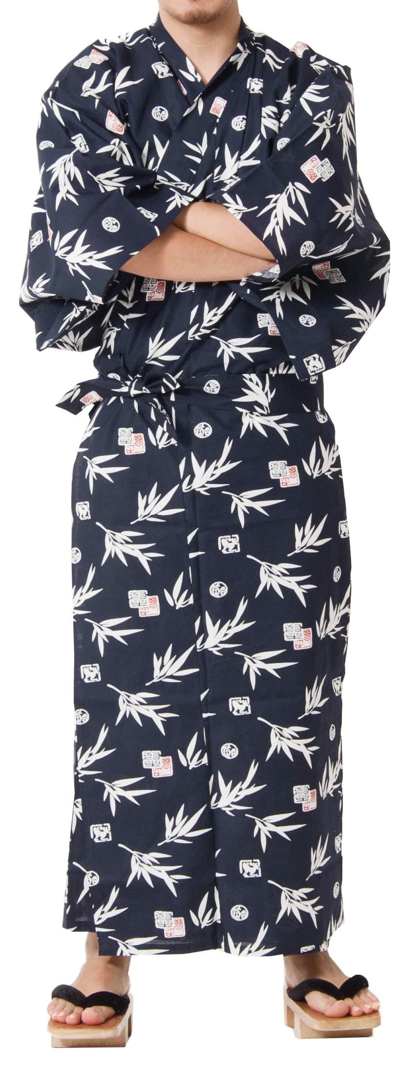 Dita Tokyoin Traditional Made In Japan Cotton Yukata Robe (Pajama Kimono) Easy Wearing Obi Yukata set2 (42 Small, Navy & Leaf)