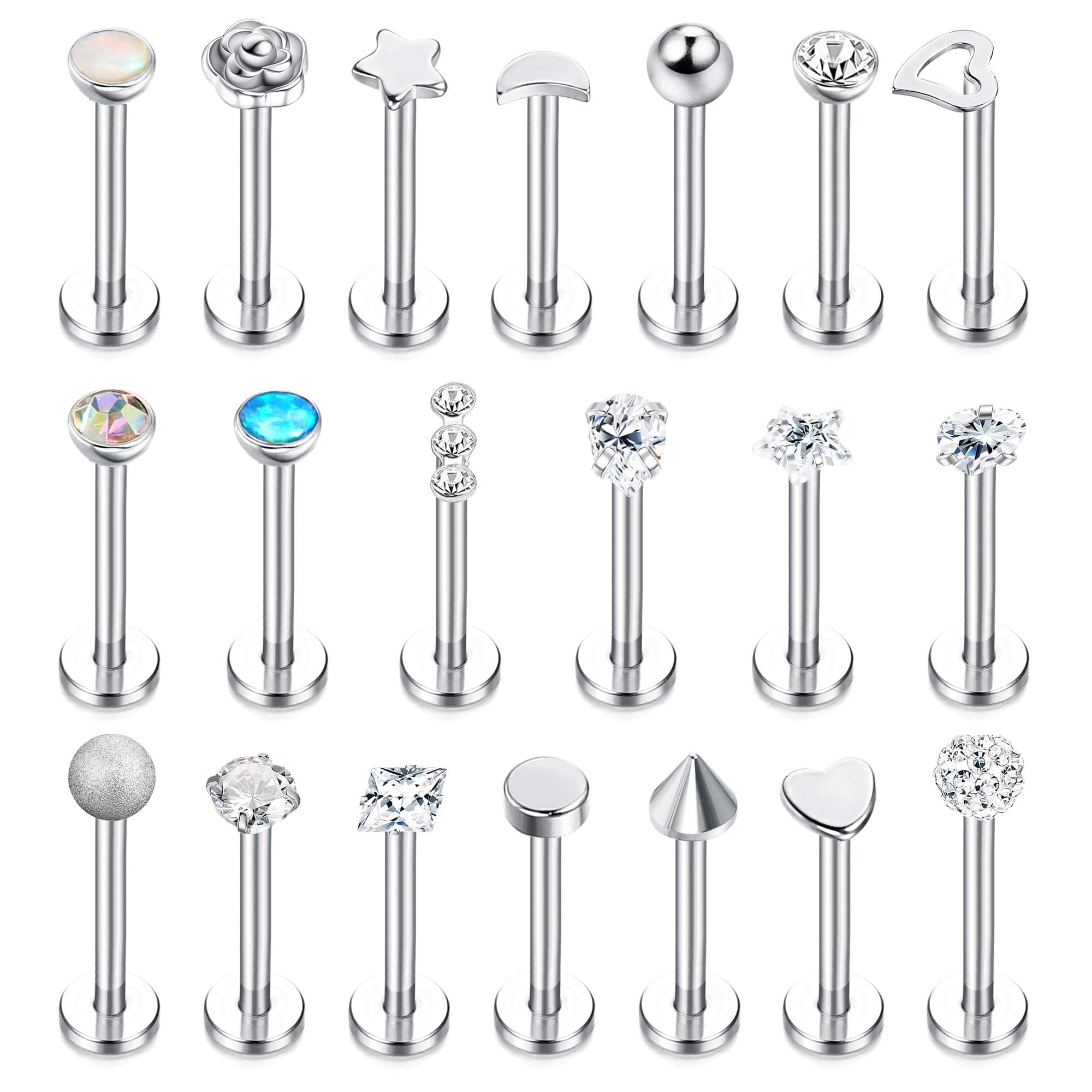 Subiceto16G Stainless Steel Forward Helix Labret Lip Nose Studs for Men Women Tragus Cartilage Stud Earrings Cz Balls Heart Flower Medusa Piercings 20 Pcs
