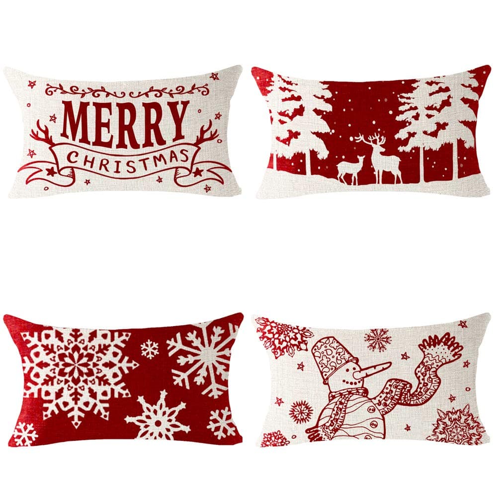 Set of 4 Plaid Merry Christmas Snowman Deer Pine Snowflake Blessing Gift Throw Pillow Cover Lumbar Cushion Case Cotton Linen Material Decorative 12X20 inches