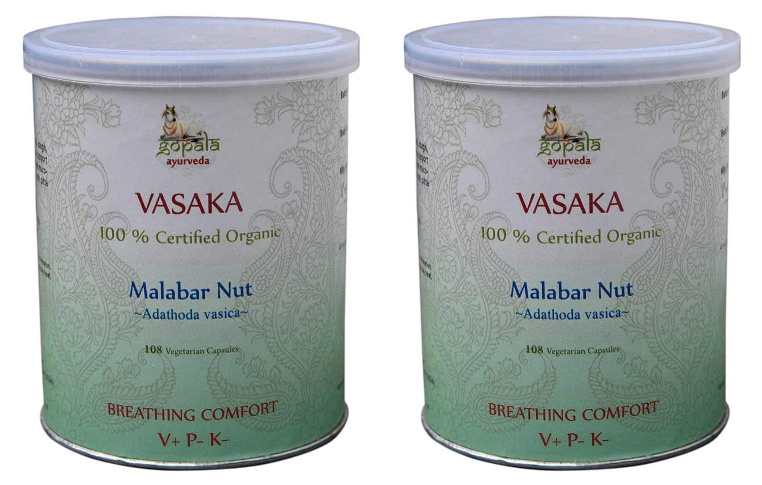 VASAKA Capsules (USDA Certified Organic) Ayurvedic Herb Adathoda vasica - 108 Vcaps of 500mg Each (Pack of 2)