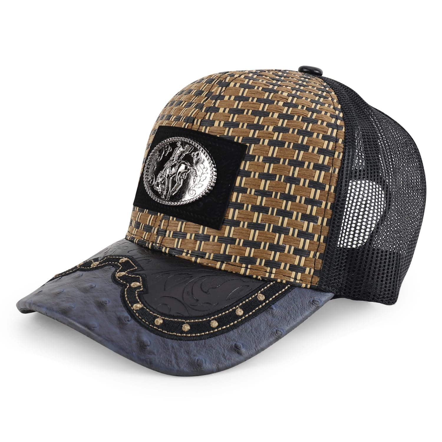Straw Design Metallic Rodeo Cowboy Horse Metal Logo Trucker Mesh Baseball Cap - Charcoal Black