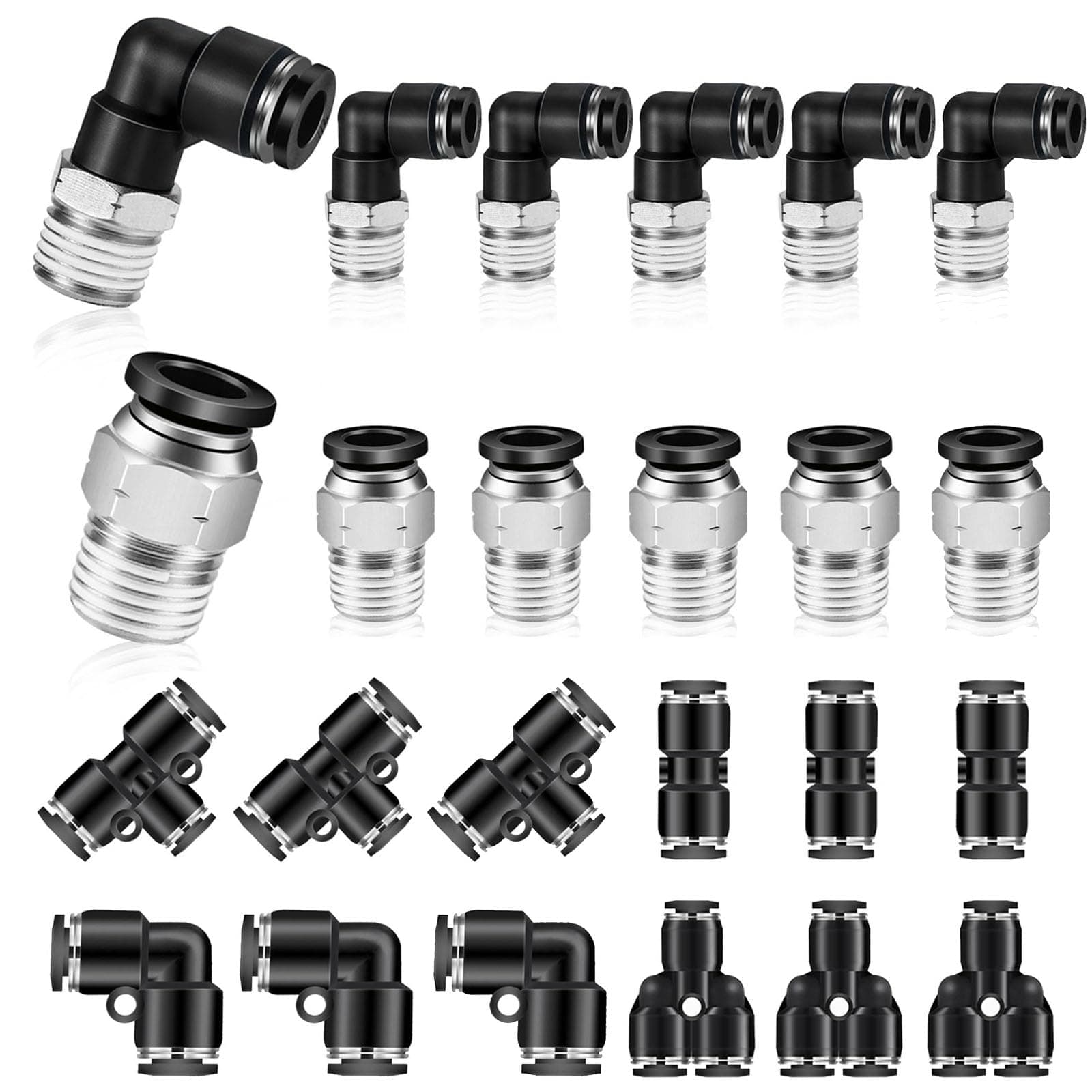 1/4 Push to Connect Fittings Kit, 1/4 Inch Tube OD x 1/4 Inch NPT Thread Male Elbow Straight Quick Connect Fittings - 24 Pcs