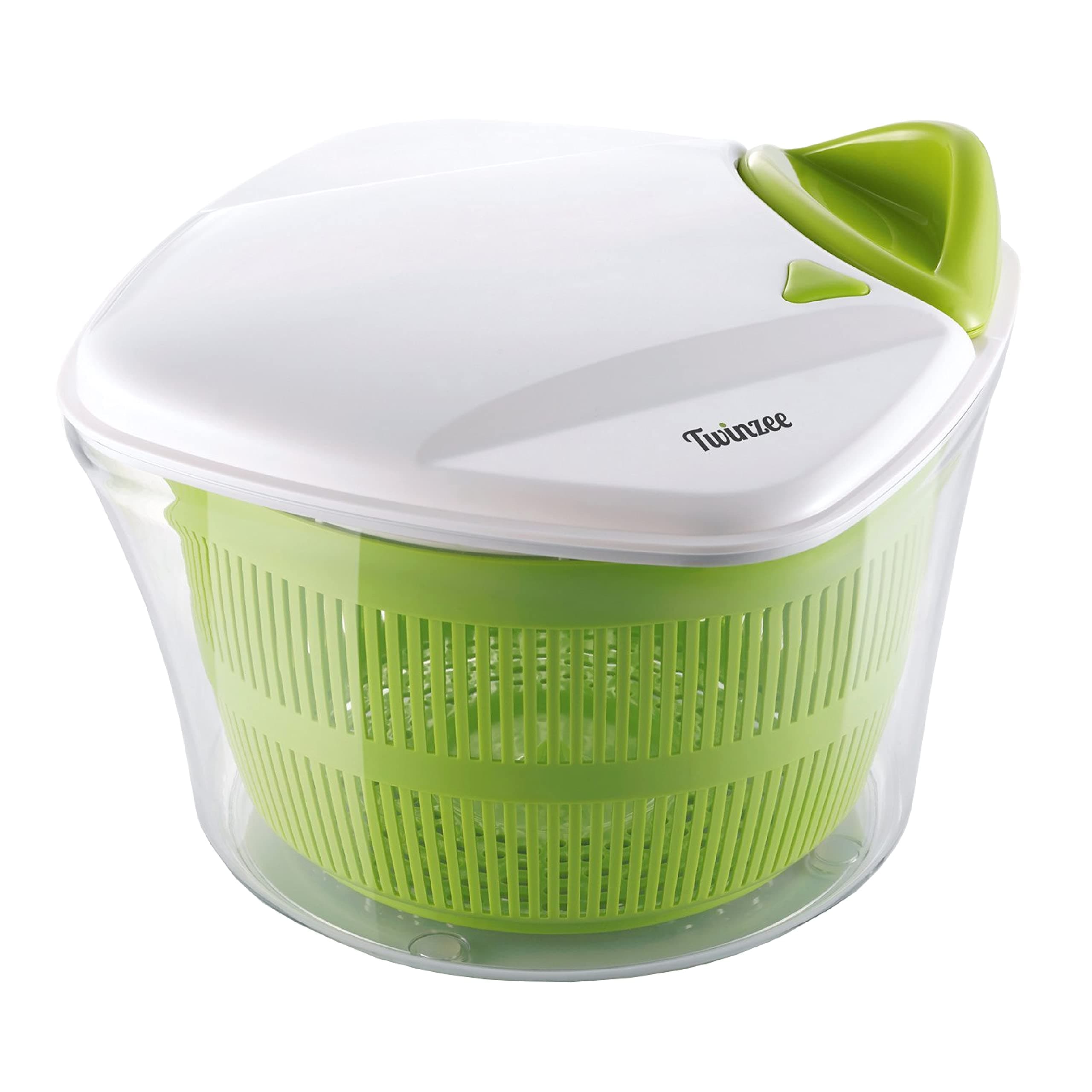Twinzee salad spinner – large capacity (5L) – innovative design with drain sieve for water and a salad bowl – effective and easy spinning thanks to the pull handle