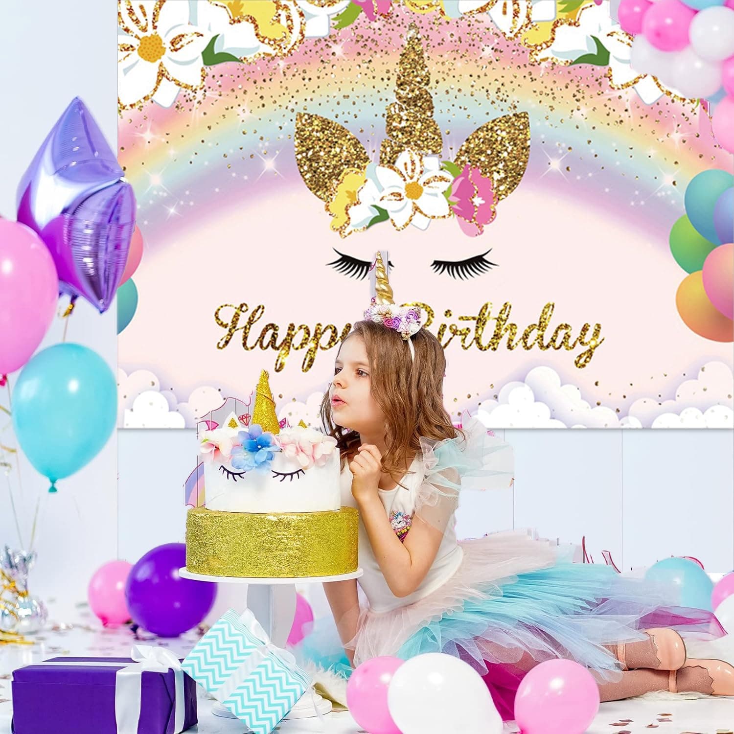 5x3ft Happy Birthday Backdrop Animal Theme Kids Birthday Party Background Shiny Golden Rainbow Flower Cloud Birthday Party Cake Table Banner Kids Birthday Photo Studio Props