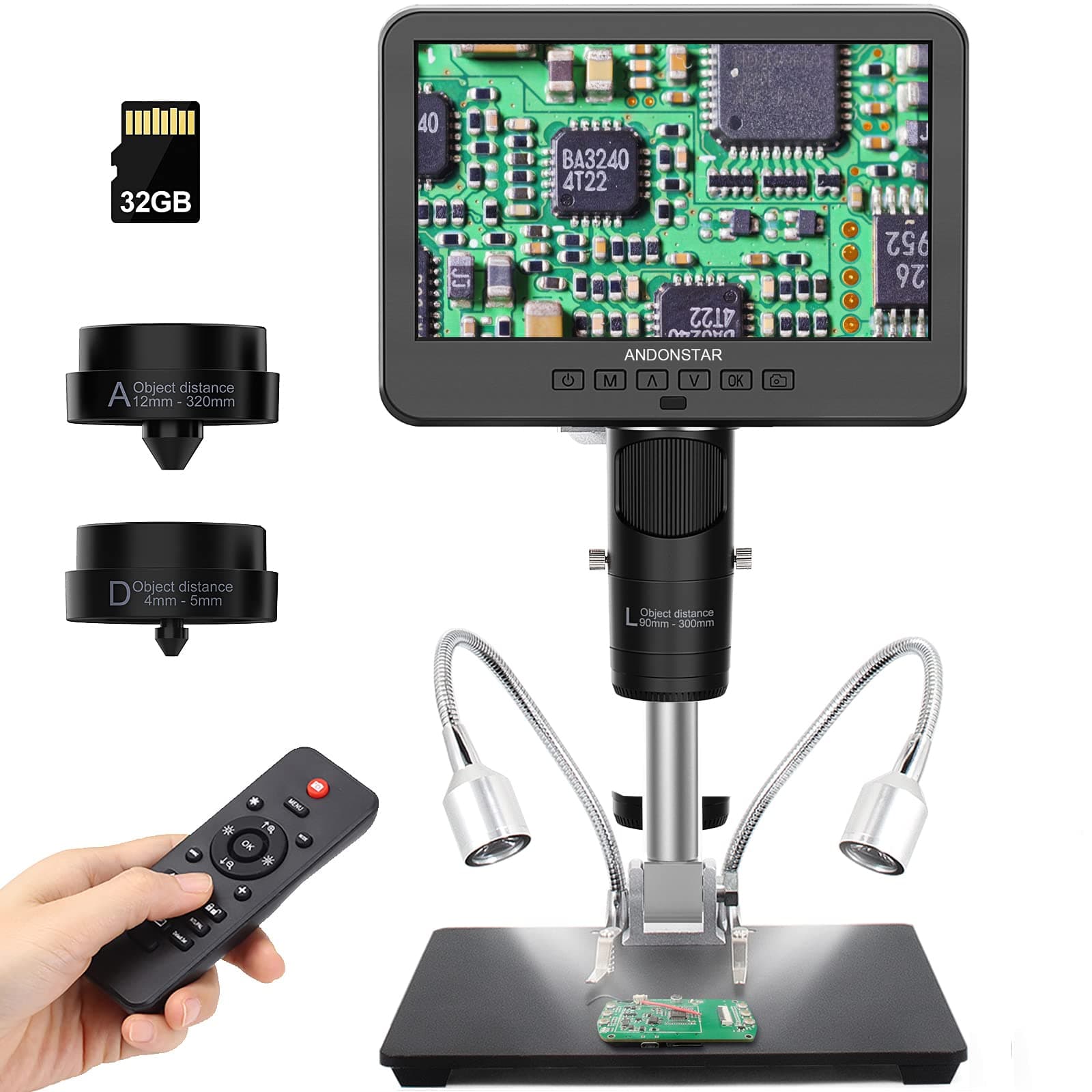 AD246S-M HDMI Digital Microscope - 2000x, 3 Lens 2160P UHD Video Record, 7 Inch LCD Soldering Microscope