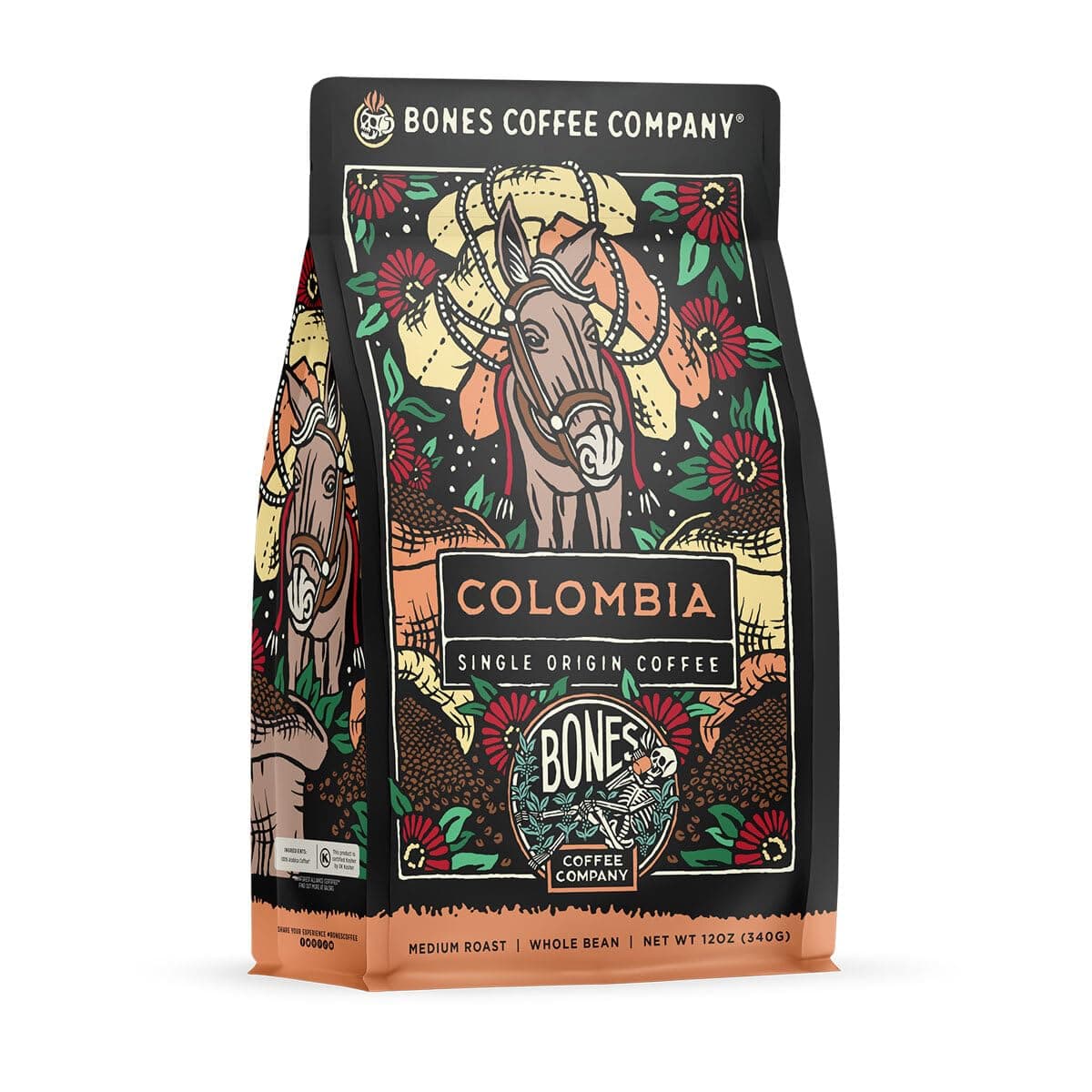 Bones Coffee Company Colombia Single-Origin Coffee, Almonds, Dried Fruit, Vanilla Notes, Flavored Whole Bean Coffee, Medium Roast Low Acid Arabica Beans, 12 oz Whole Bean