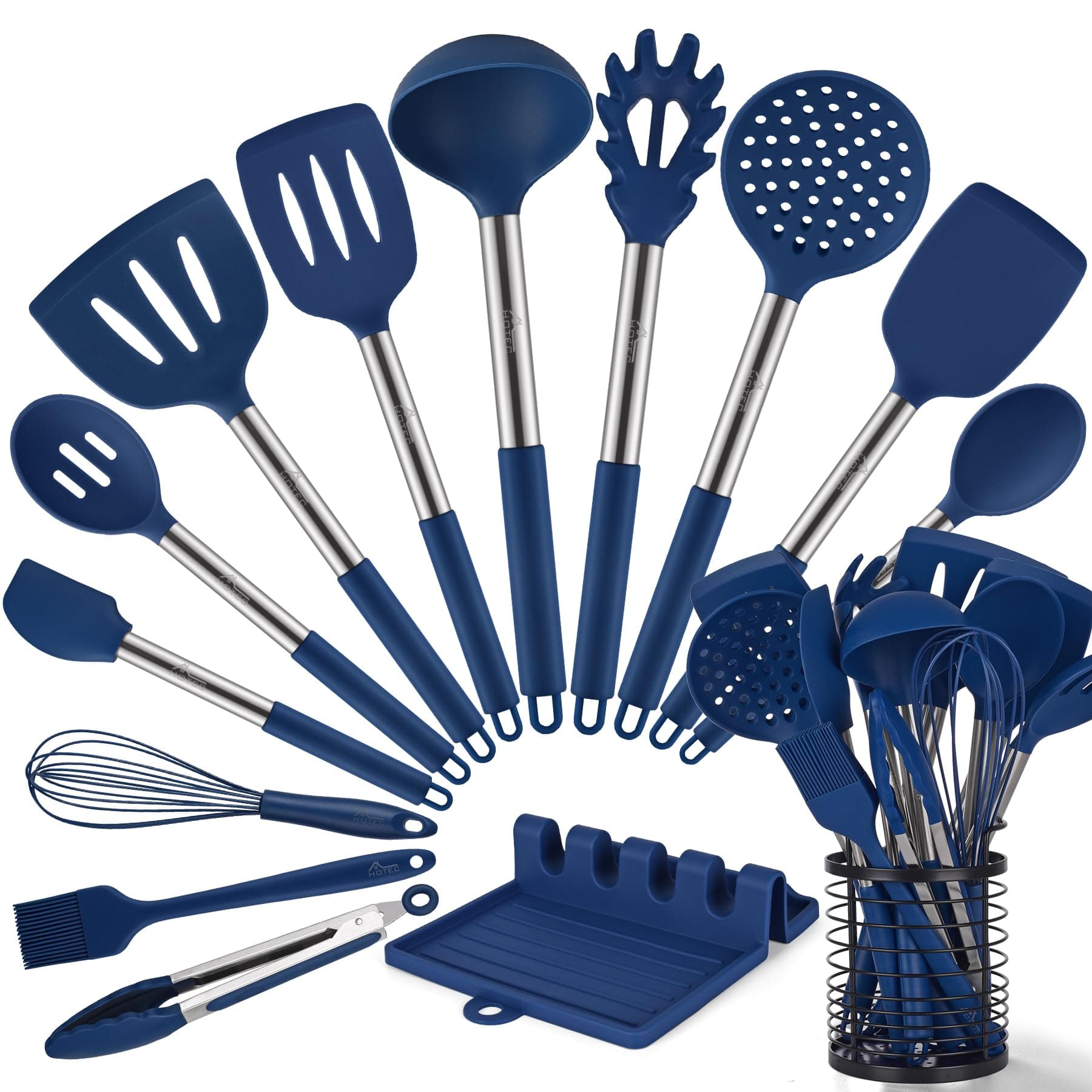 HOTEC Heat Resistant Silicone Kitchen Utensils, Cooking Utensil Set, Spatula Set, BPA Free, Kitchen Gadgets, with Stainless Steel Utensils Holder, Dishwasher Safe, 14pcs Classic Blue