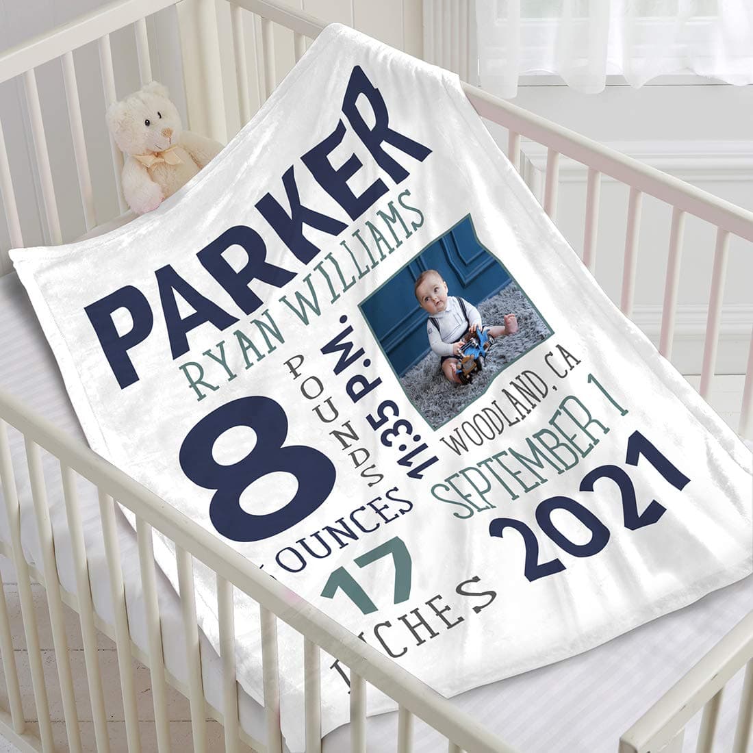 Yeh GiftPersonalized Baby Photo Newborn Blanket with Birth Information for Girls & Boys. Customized Blanket from Baby's Name, Date, Weight for New Born, Dad Mom Grandparents (Navy)