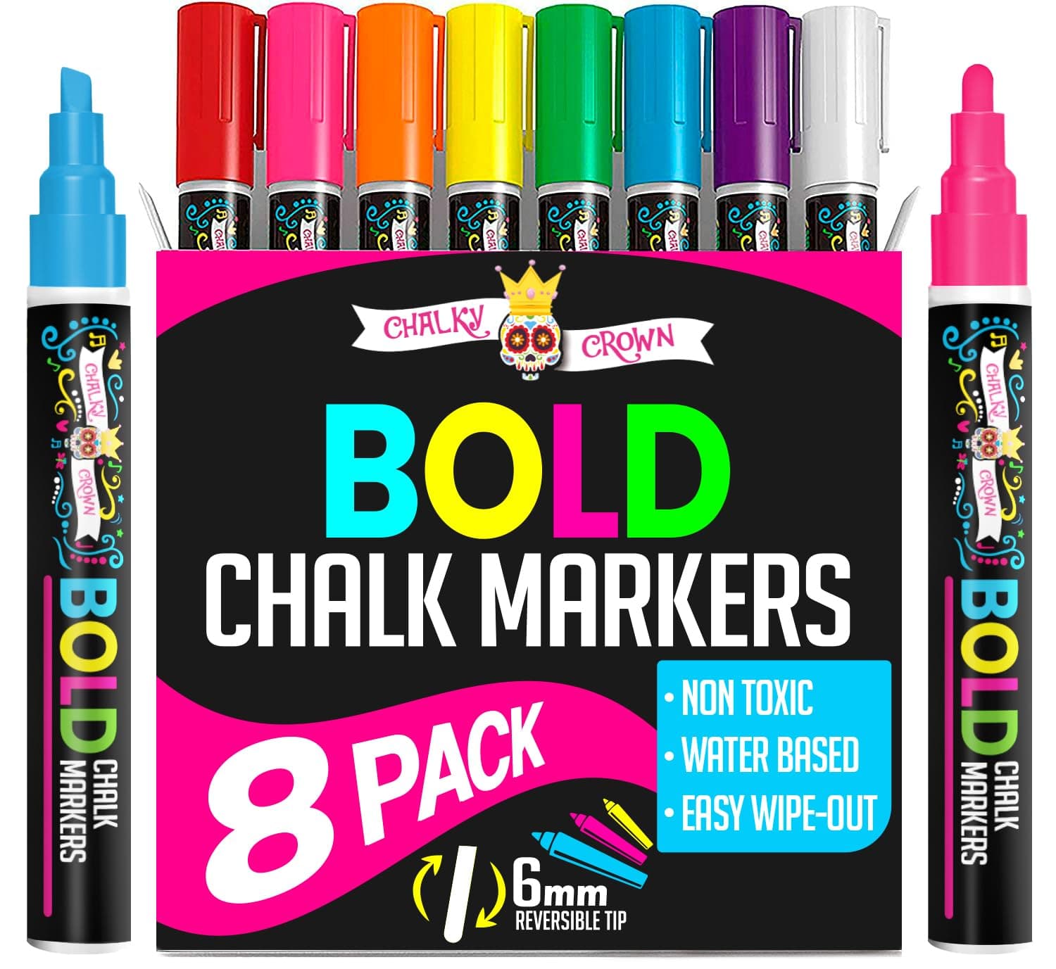 Chalky Crown Bold Dry Erase Markers - Liquid Markers for Boards, Signs, Windows, Blackboards, Glass, Mirrors - Reversible Tip (8 Pack) - Multicolored, 6mm