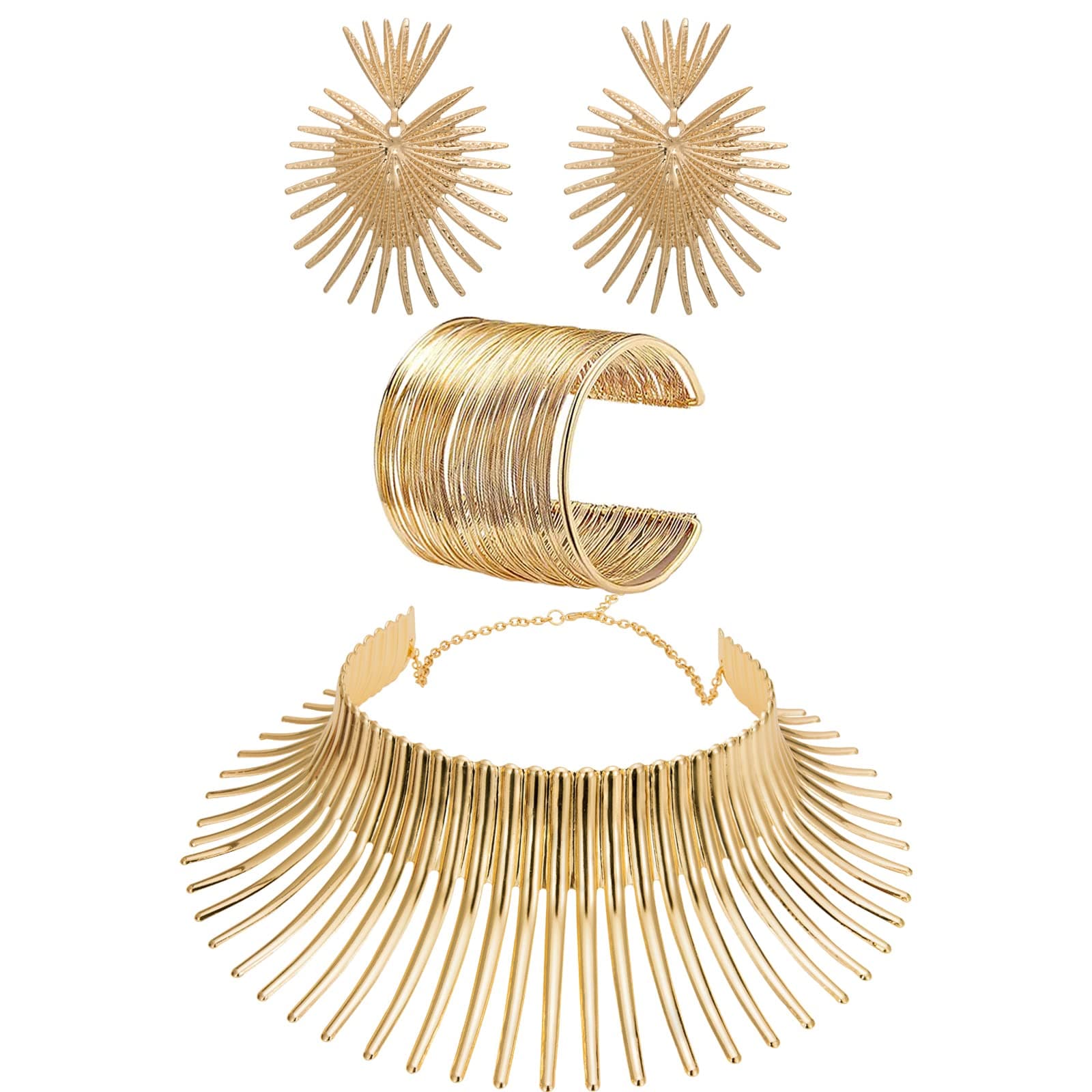 African Collar Choker Necklace Earrings Bangle Set for Women Statement Tooth Shape Tribal African