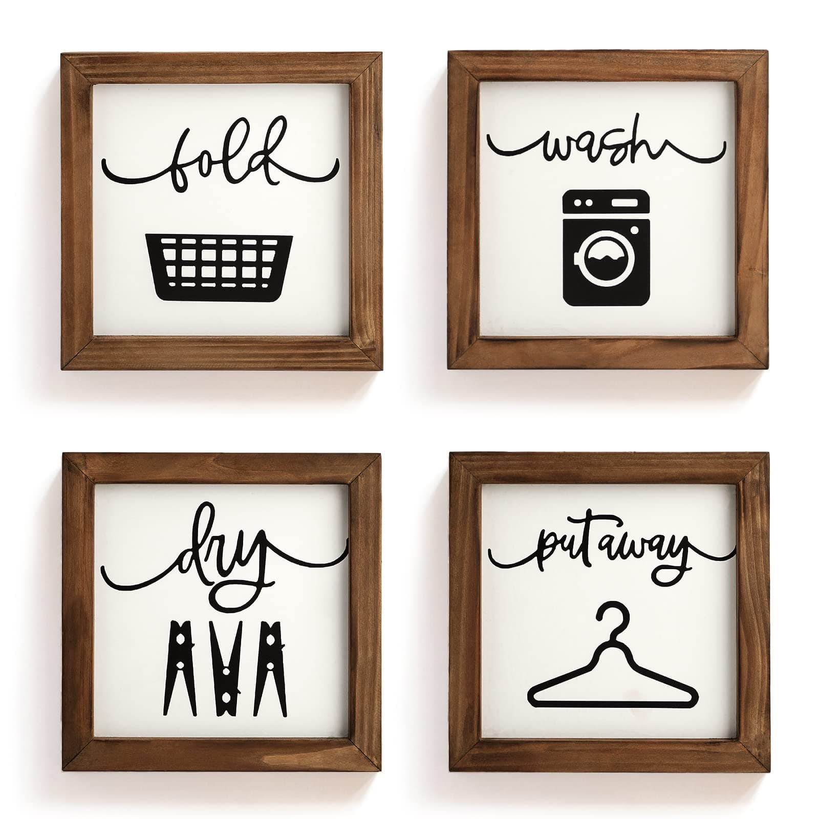 Laundry Room Decor for Wall Farmhouse Signs Set of 4 Wash Dry Fold Put Away Rustic Decor for Shelf Laundry Wall Art with Wood Frame Decorative Room Sign 8'' x 8''