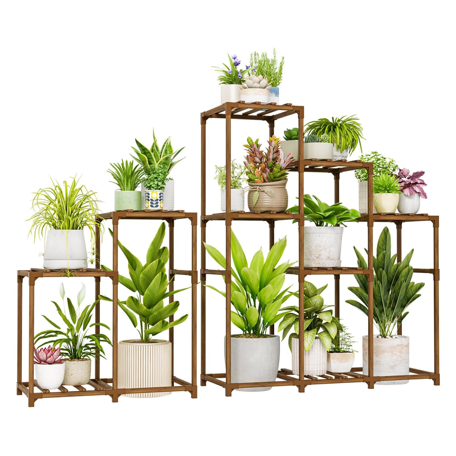 Bamworld 2 Sets Plant Stands Indoor Tall Shelves Outdoor for Multiple Flowers 10 Pots Wooden Rack for Living Room Balcony Garden