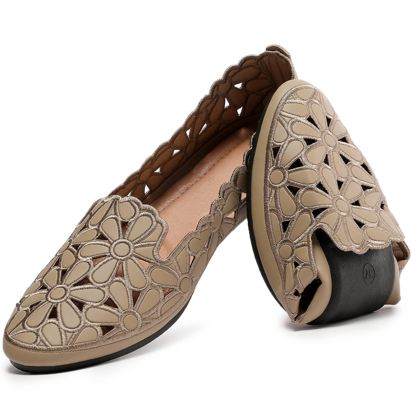 HEAWISHWomen's Floral Ballet Flats for Women Black Beige Slip On Flowers PU Leather Round Toe Dress Shoes