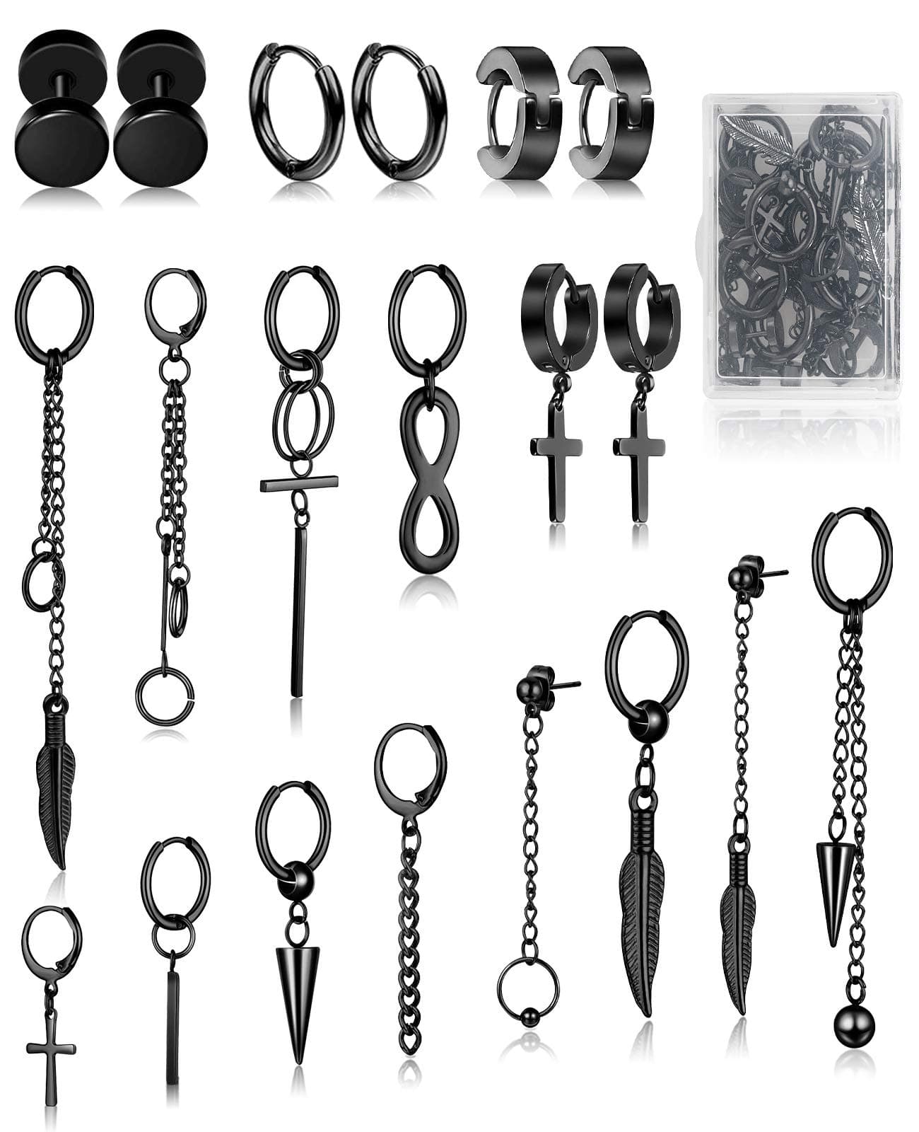 Cross Dangle Earrings for Men 20 Pieces, Stainless Steel Stud Hinged Hoop Earrings, Long Chain Kpop Earrings for Women, Black and Silver